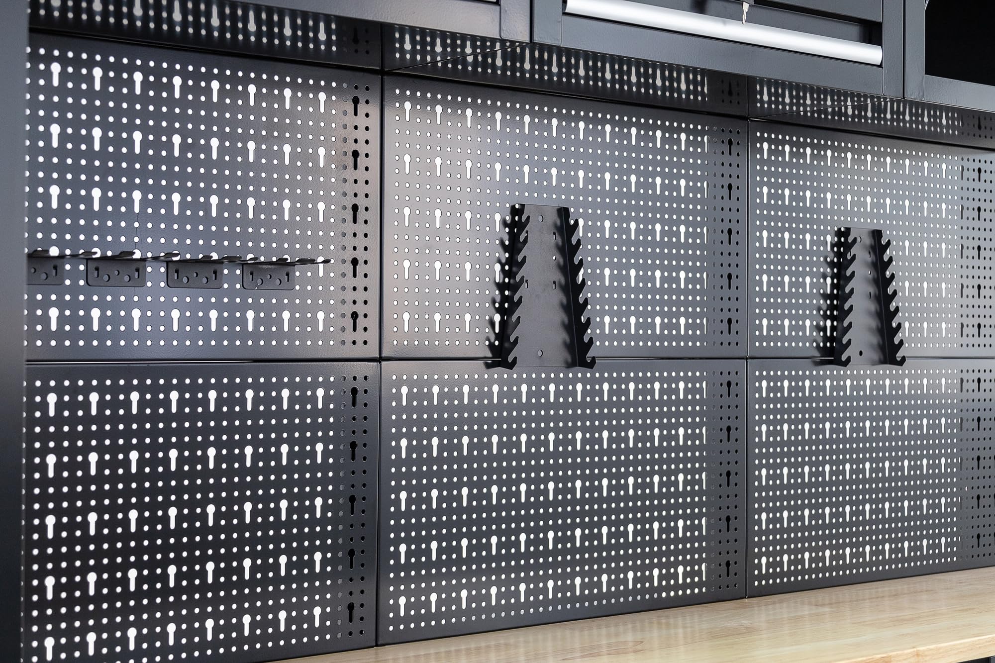Ondis24 XL Werkstatt Komplett Set 260cm vormontierte Männerküche Werkstattrichtung modular mit Holzarbeitsplatte, Werkzeugschränke, Werkbank mit Schubladen (9 TLG.)
