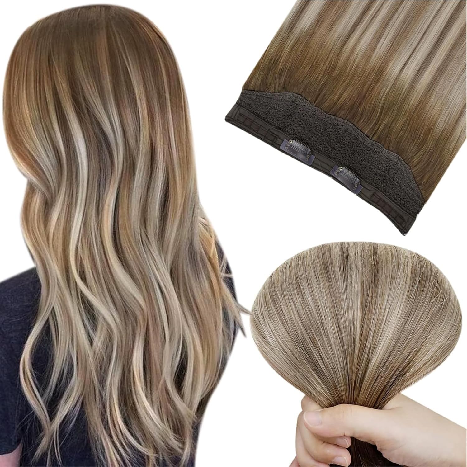Easyouth Wire Extensions Human Hair Ombre Blonde Fish Line Hair Extension Real Human Hair Balayage Dark Brown to Light Brown with Blonde Secret Wire Hair Extensions Soft 16Inch 80g #3/8/22