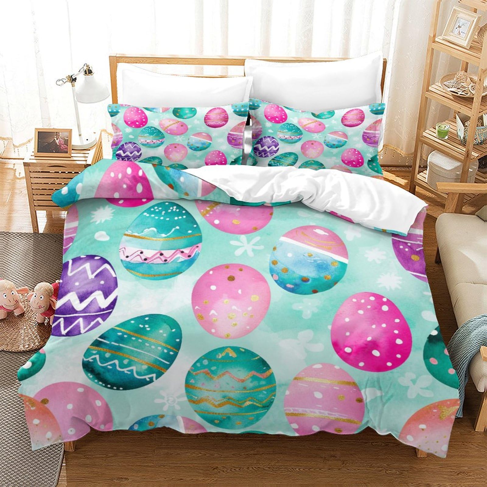P1S9U7W5Y Pastel Easter Egg 3D Printed 3pcs Duvet Cover Set Soft Microfiber Artistic Egg Bedding Set Double（200x200cm）