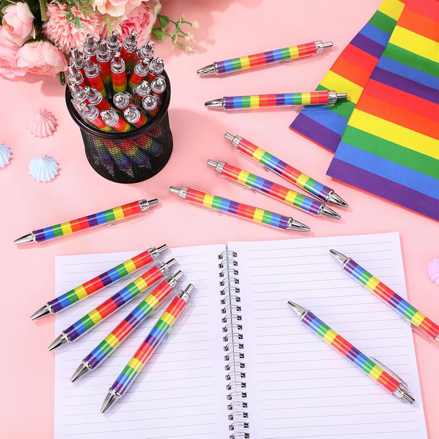 Spakon 32 Pcs Rainbow Pride Ballpoint Pens Colorful Striped Novelty Gifts for Teachers Students 1.00 mm Black Ink Smooth Writing Pens School Office Supplies for Graduation Lgbtq Awareness Month