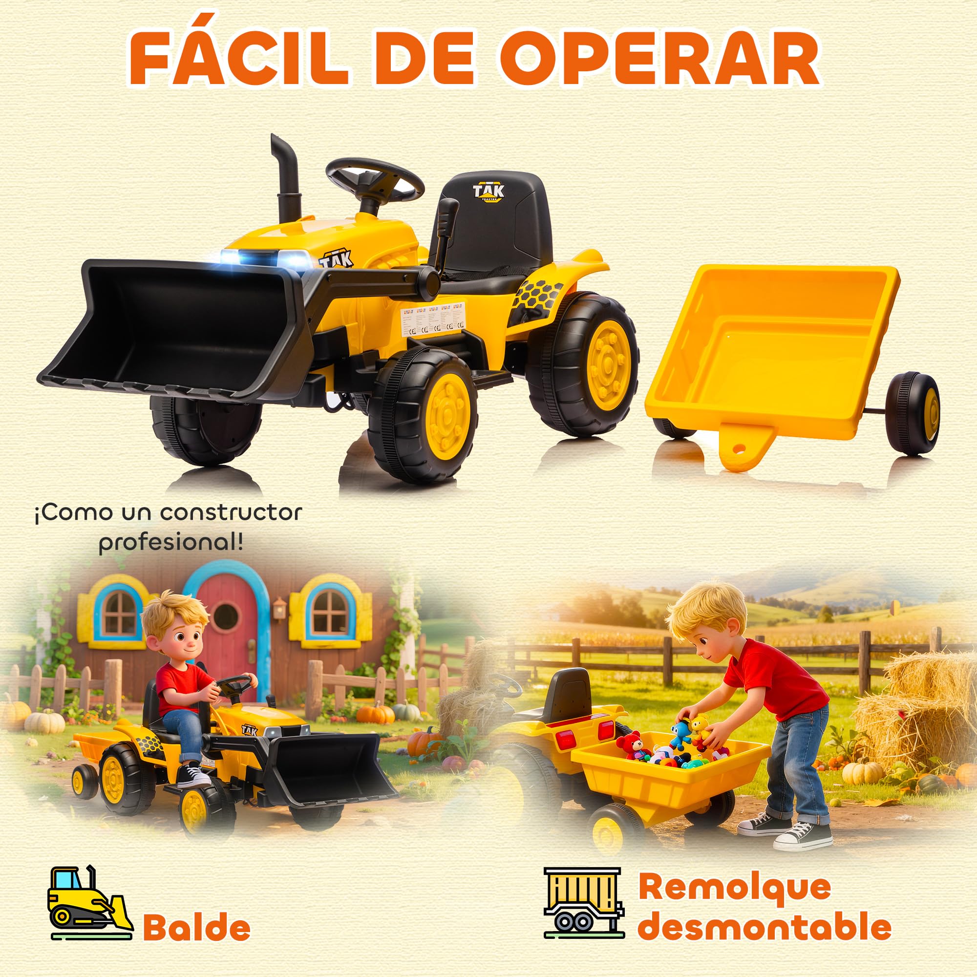 AIYAPLAY Tractor Eléctrico para Niños con Remolque Desmontable y Pala 12V | Tractor de Juguete de Batería, Motor Doble, Control Remoto 2,4G, Luces, Música, Conexión Inalámbrica, USB, +3 Años