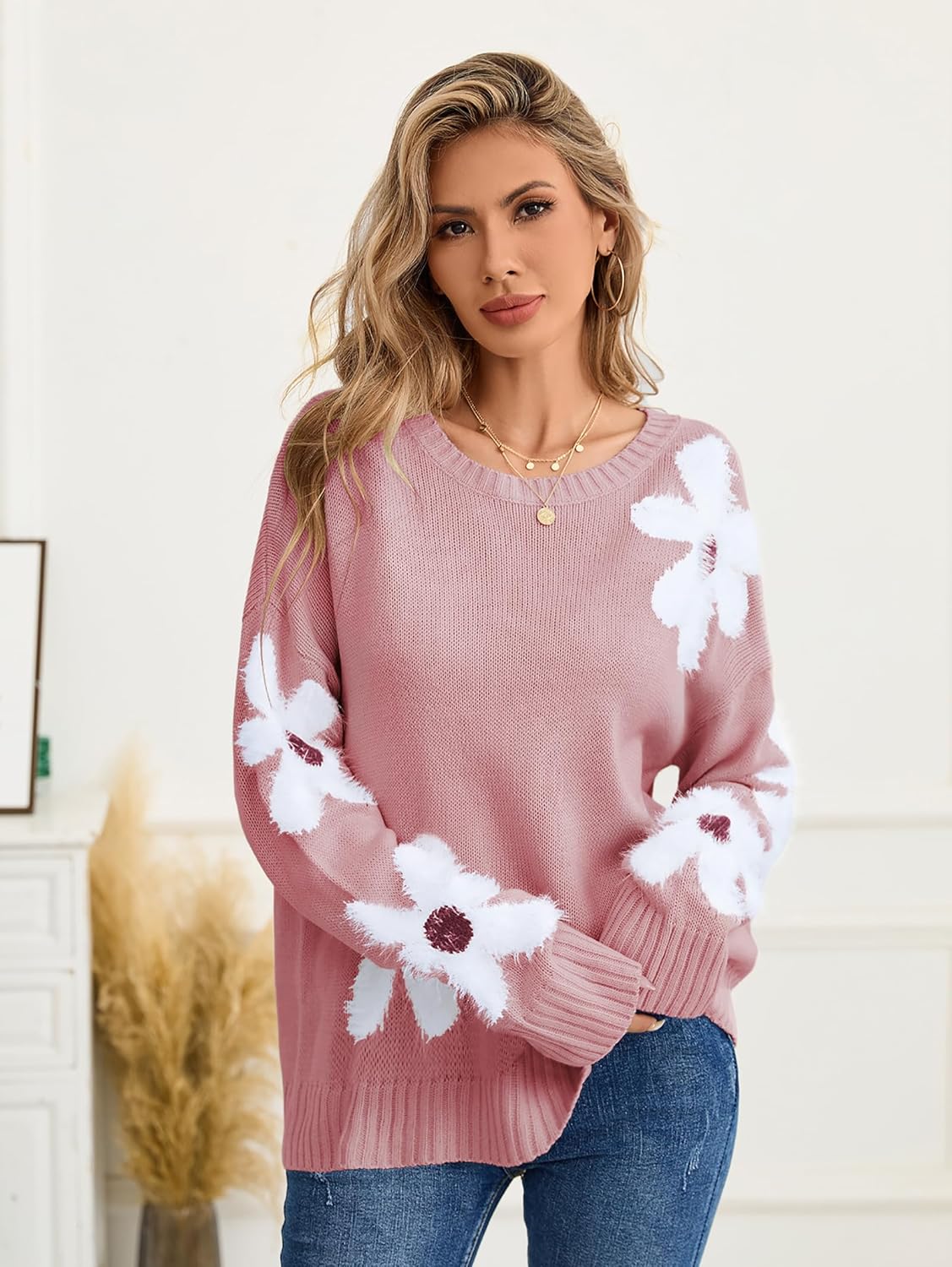 Womens Oversized Flower Sweaters Crew Neck Cute Knit Fall 2025 Trendy Long Sleeve Floral Pullover Jumper Tops - Image 3