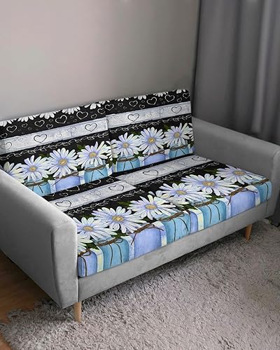 Miniatura 3 de Fundas de cojín elásticas para sofá de diseño de margaritas, seccional, individual, en forma de T, protector de muebles con parte inferior elástica,