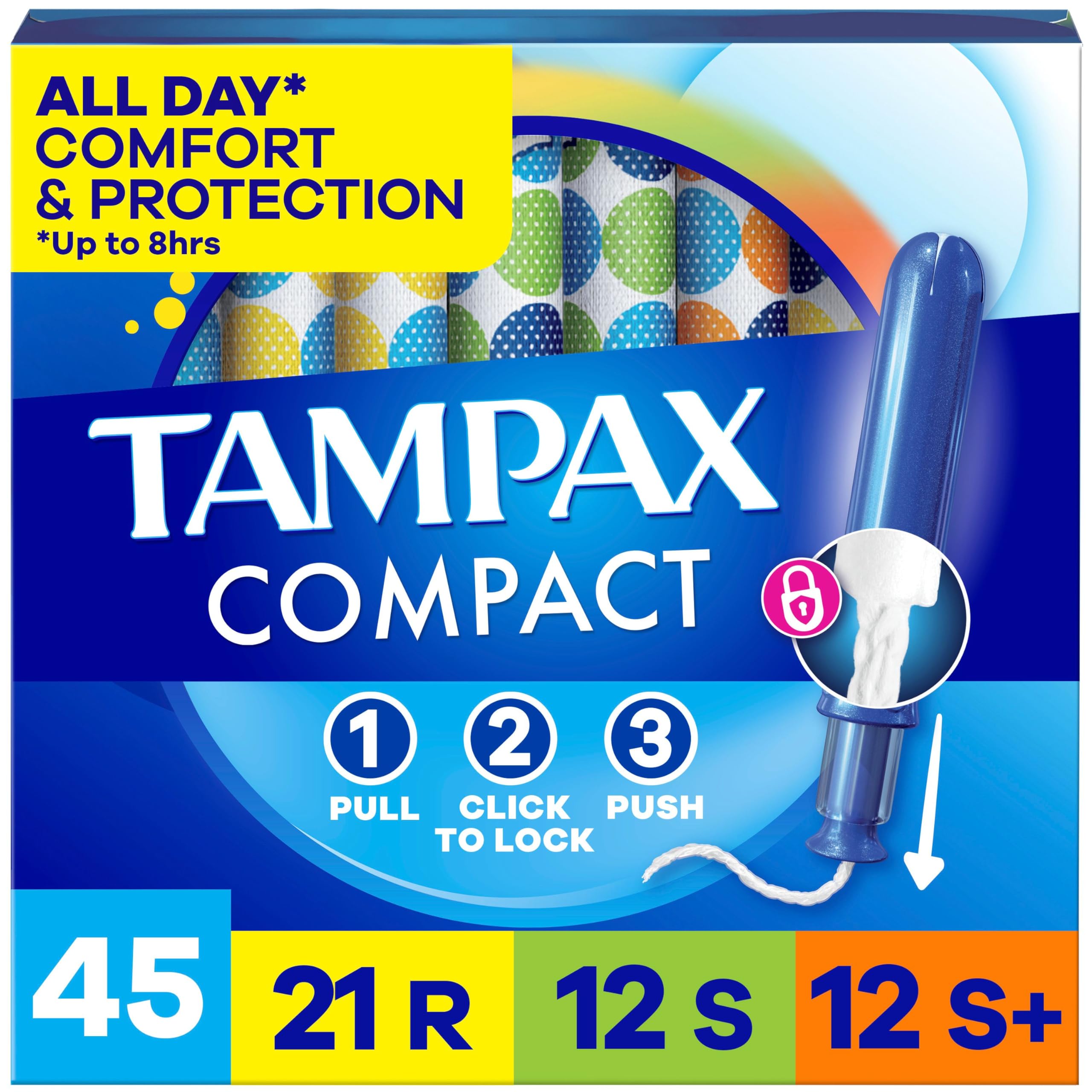 Tampax Compact Pearl Tampons for Women Multipack, with LeakGuard Braid & Extendable Applicator, Regular/Super/Super Plus Absorbency, Compact Extendable Applicator, Unscented, 45 Count