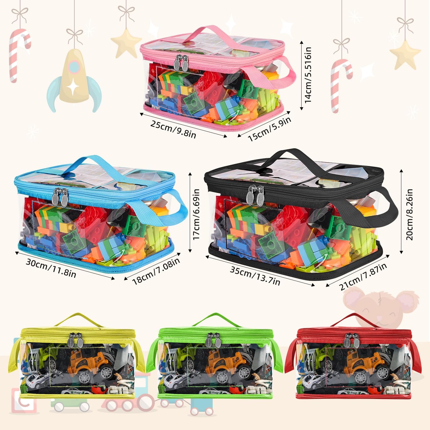 DOOHALO Toy Organizer Storage bags with Zippers for Toys, Board Games, Blocks, Puzzles, Dolls Storage, Large Reusable Clear waterproof with Name Tag Mesh Pouches Multi Color 4 Packs - Image 4