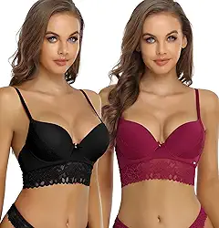 Sutiã feminino push up com aro balconette sutiã profundo longo sem costura suave toque renda-guarnição pacote com 2, Preto + vermelho, (34) 34C