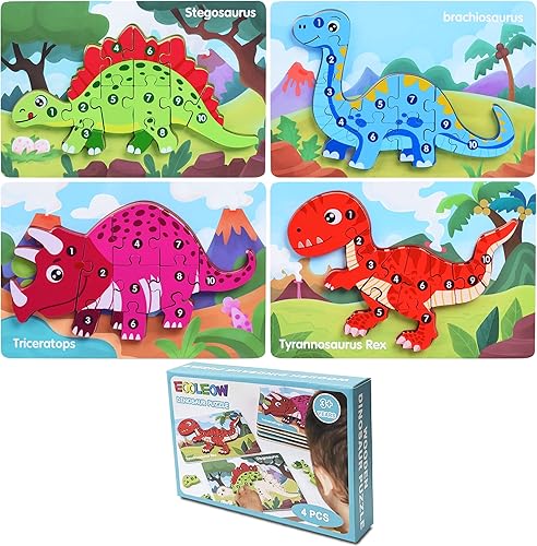 Miniatura 7 de Rompecabezas para niños de 4 a 6 años, 4 paquetes de rompecabezas de madera para niños pequeños de 1 a 3 años, juguetes de dinosaurio para niños
