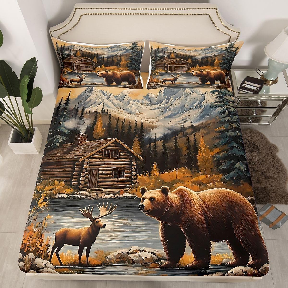 Elk Fitted Sheet Bear Bed Sheets Deep Pocket 12 inch (30 cm) Soft Cozy 3 Piece Microfibre Bed Sheet 200x200 cm with 2 Pillowcases 50x75 cm