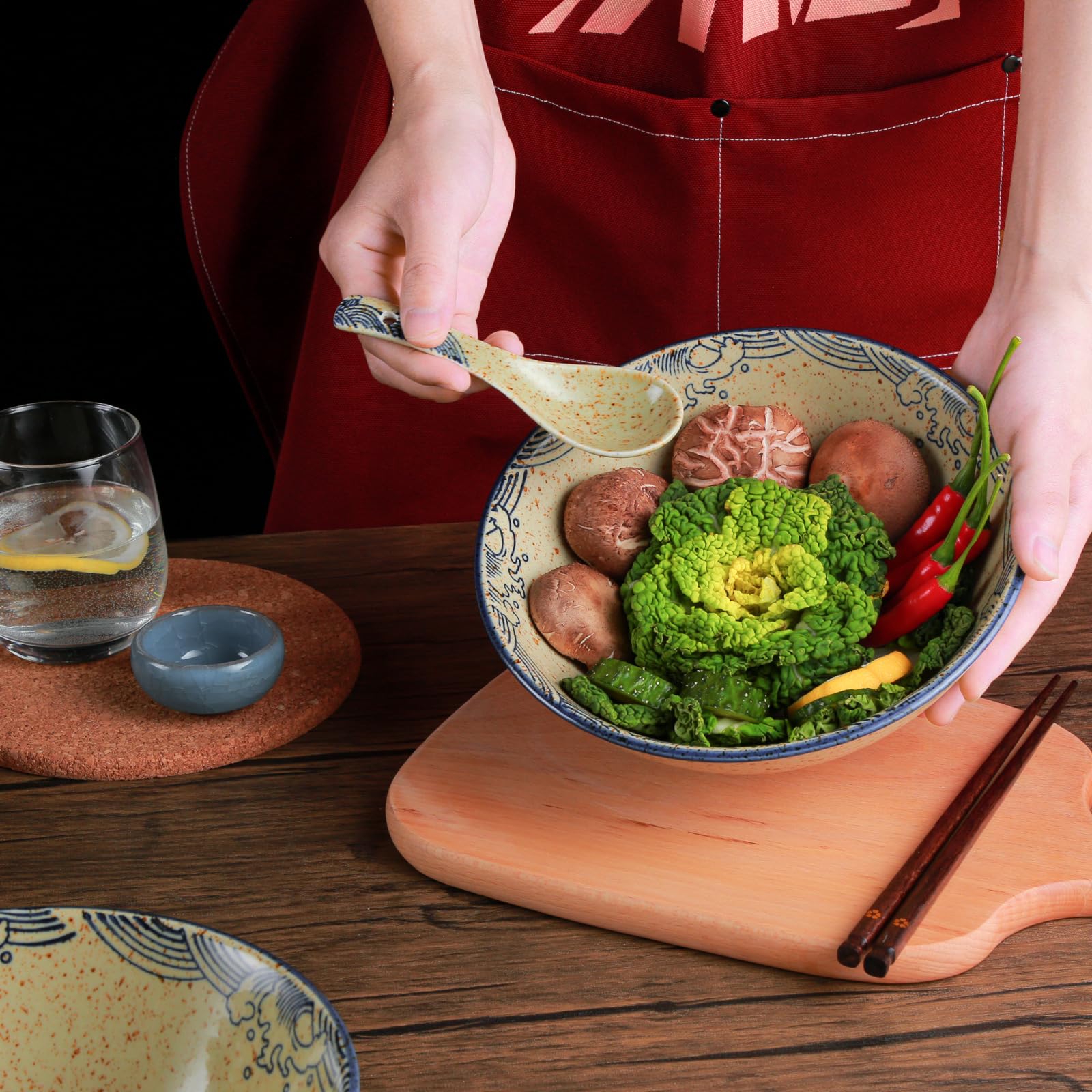Ramen Schüssel Set mit 2 Keramik-Nudelschalen mit Essstäbchen und Löffeln, 1200 ml, große Suppenschüsseln, japanischer Stil, Retro-Porzellan, Mikrowellengeschirr, Ramen-Geschenk-Set für