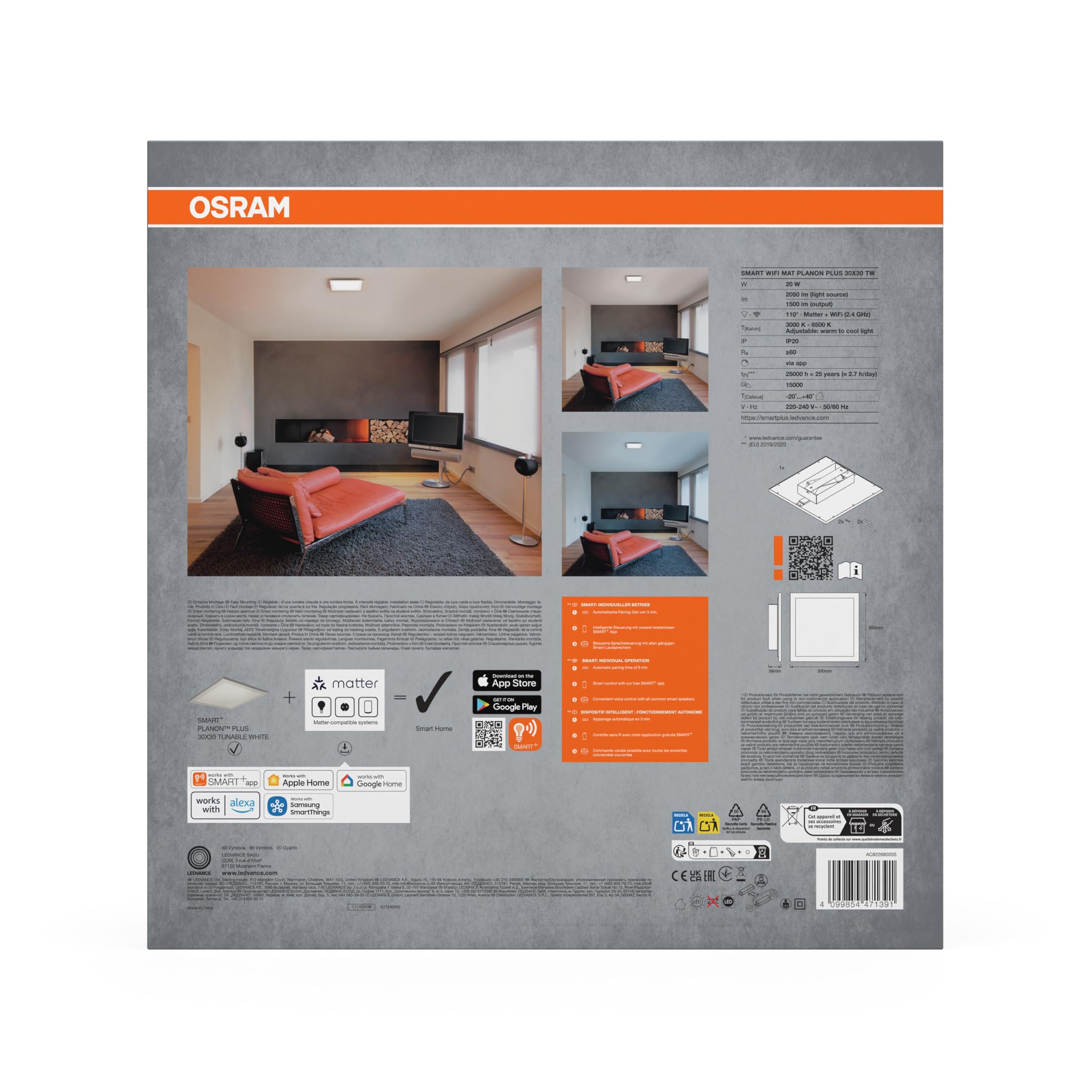 OSRAM SMART+ Matter PLANON PLUS PANEL LED ZMIENNA BIEL, 300x300mm, 20W, 1500lm, 3000-6500K, Matter WLAN | SMART+ MATTER Planon Plus Tunable White, oświetlenie wewnętrzne ścienne, biały, 25000 h, opakowanie 1 szt