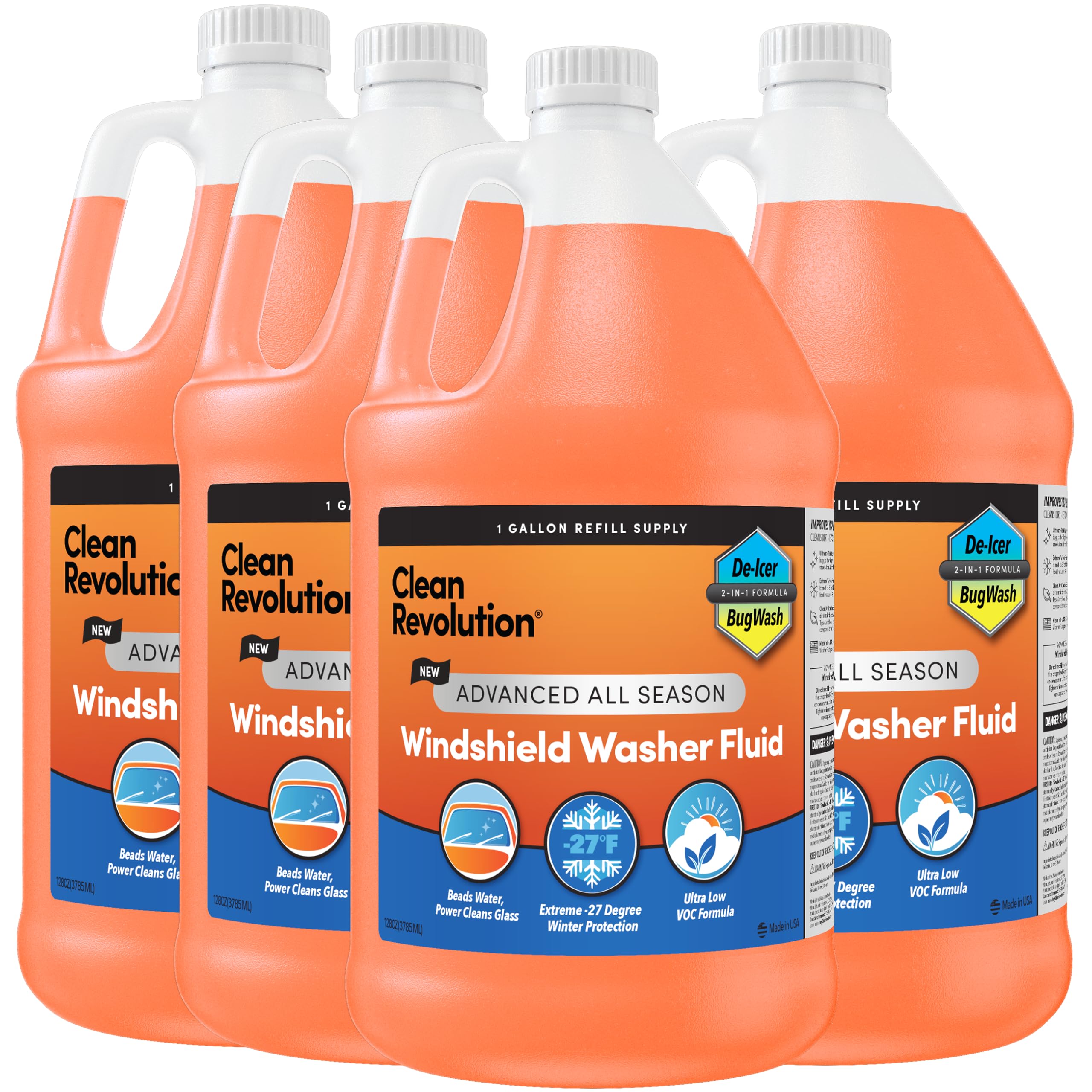 Clean Revolution Advanced All Season Windshield Washer Fluid | Ultra Low VOC Formula |Extreme -27°F Winter Protection | 128 Fl. Oz | 4 Pack
