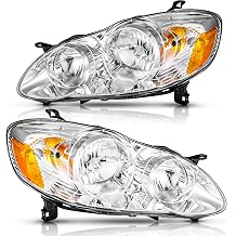 Headlights Assembly Pair for 2003-2008 Toyota Corolla S/CE/LE/XRS Sedan Headlamps Head Lights Replacement Driver and Passenger Side,Chrome Housing Amber Reflector Clear Lens