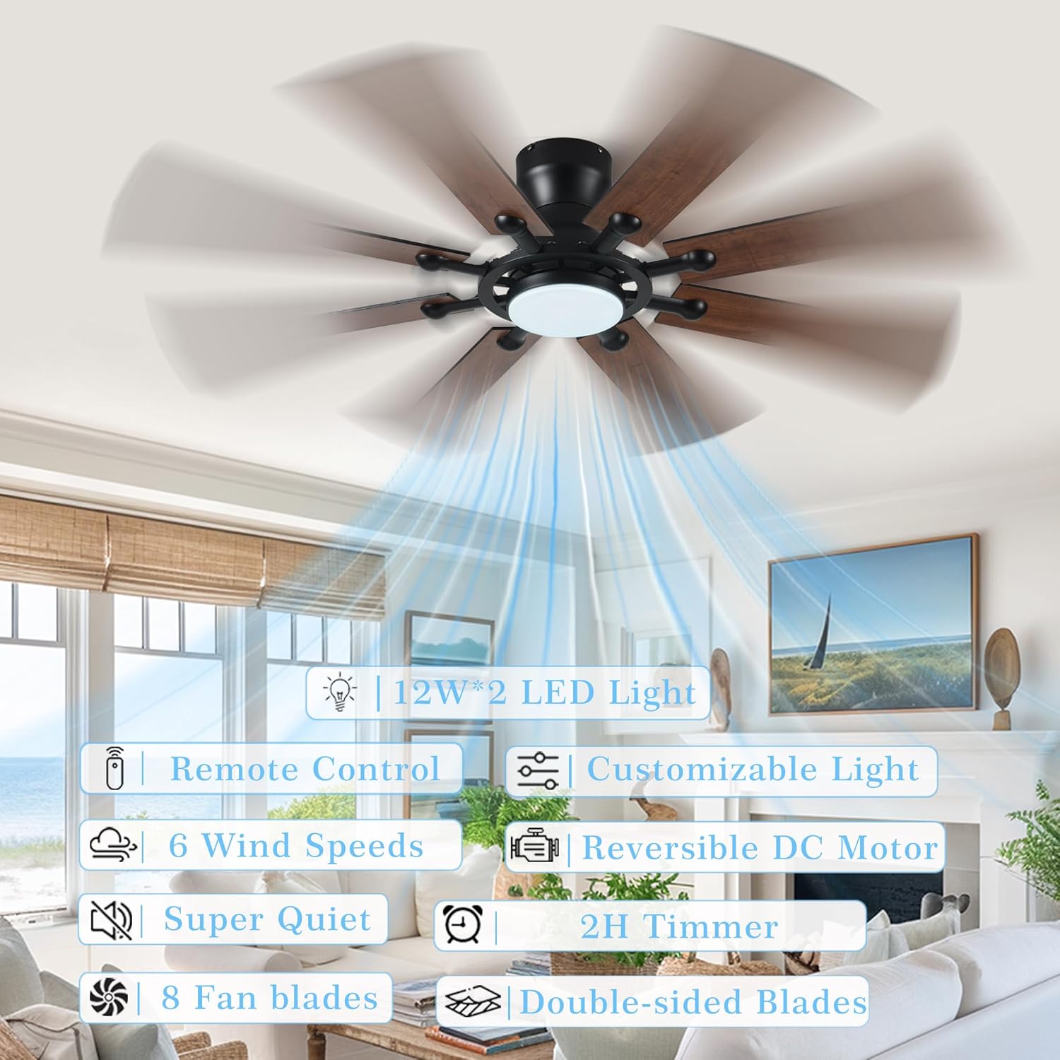 Ceiling Fans with Lights, 54 inch Low Profile Ceiling Fan with Light and Remote Control, Flush Mount Ceiling Fan for Bedroom, Living Room, Reversible, 3CCT, Dimmable, Noiseless DC Motor, Brown