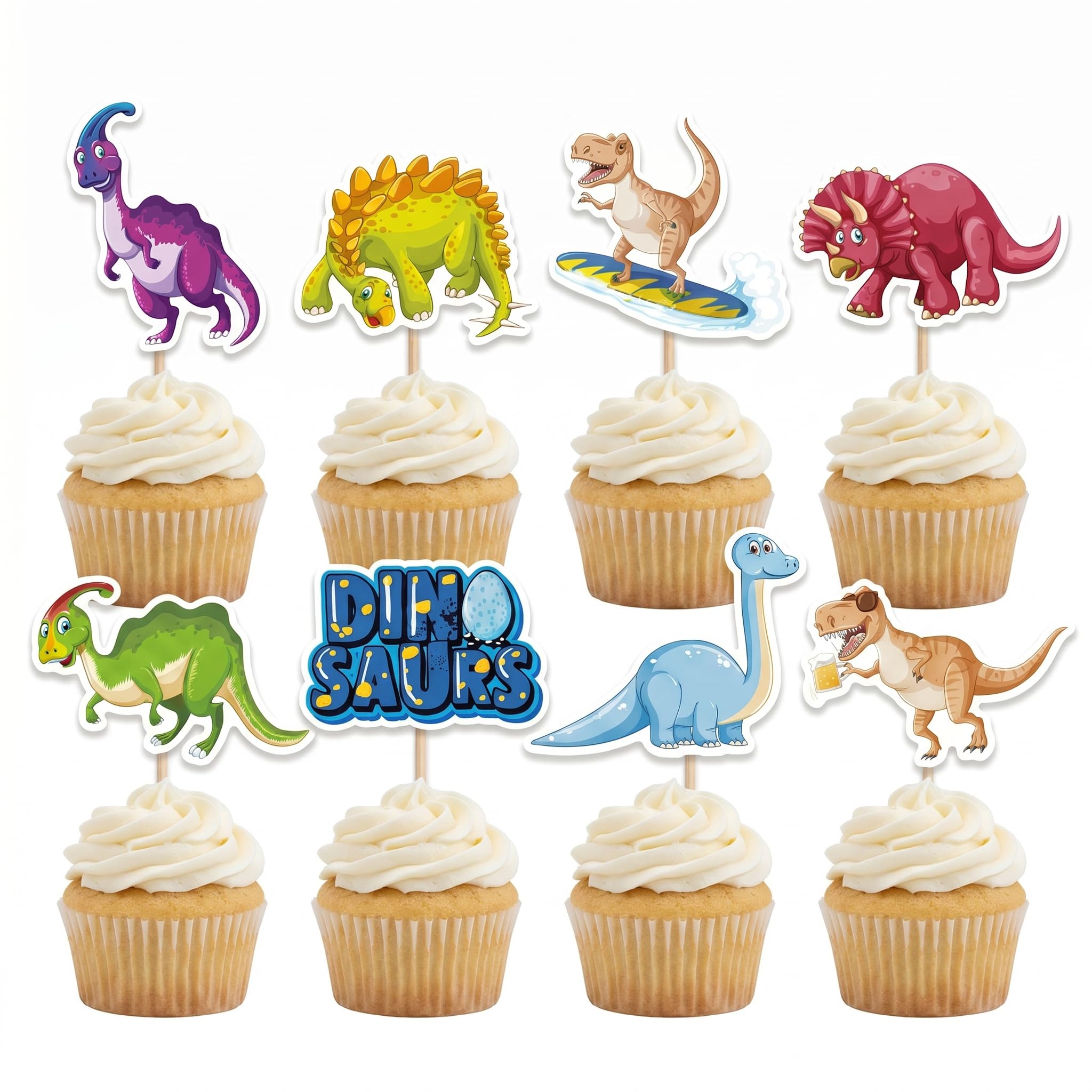 Arthsdite 24Pcs Dinosaur Cupcake Toppers, Colorful Cartoon Dino Picks for Kids Jurassic Birthday Party, T-Rex Themed Dessert Decorations — image 1