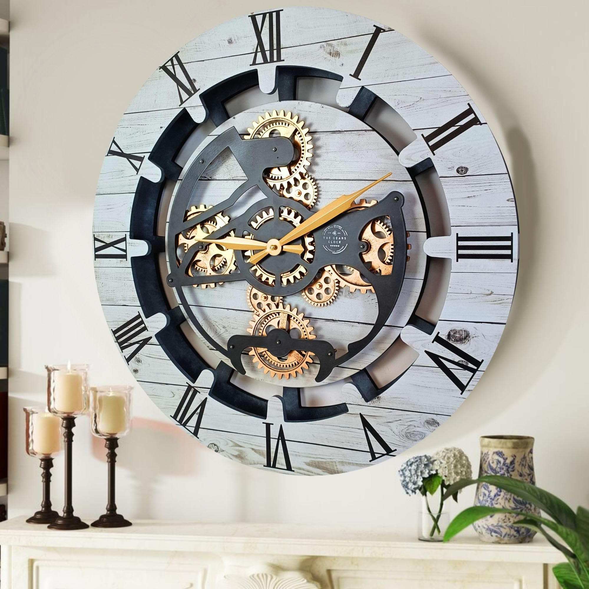 THE GEARS CLOCK Wall Clock with Real Moving Gears Canada Line 24 inch Round White Farmhouse 24 inches