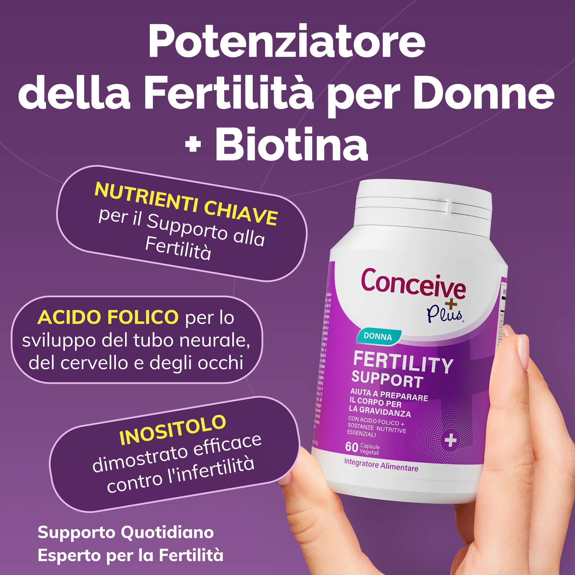 Conceive Plus Supplementi di Fertilità per le Donne, Favoriscono l'Equilibrio Ormonale, Calcio, Vitamina D, Acido Folico, Mio-Inositolo - Vitamine Prenatali per le Donne - 30 Giorni, 60 Capsule