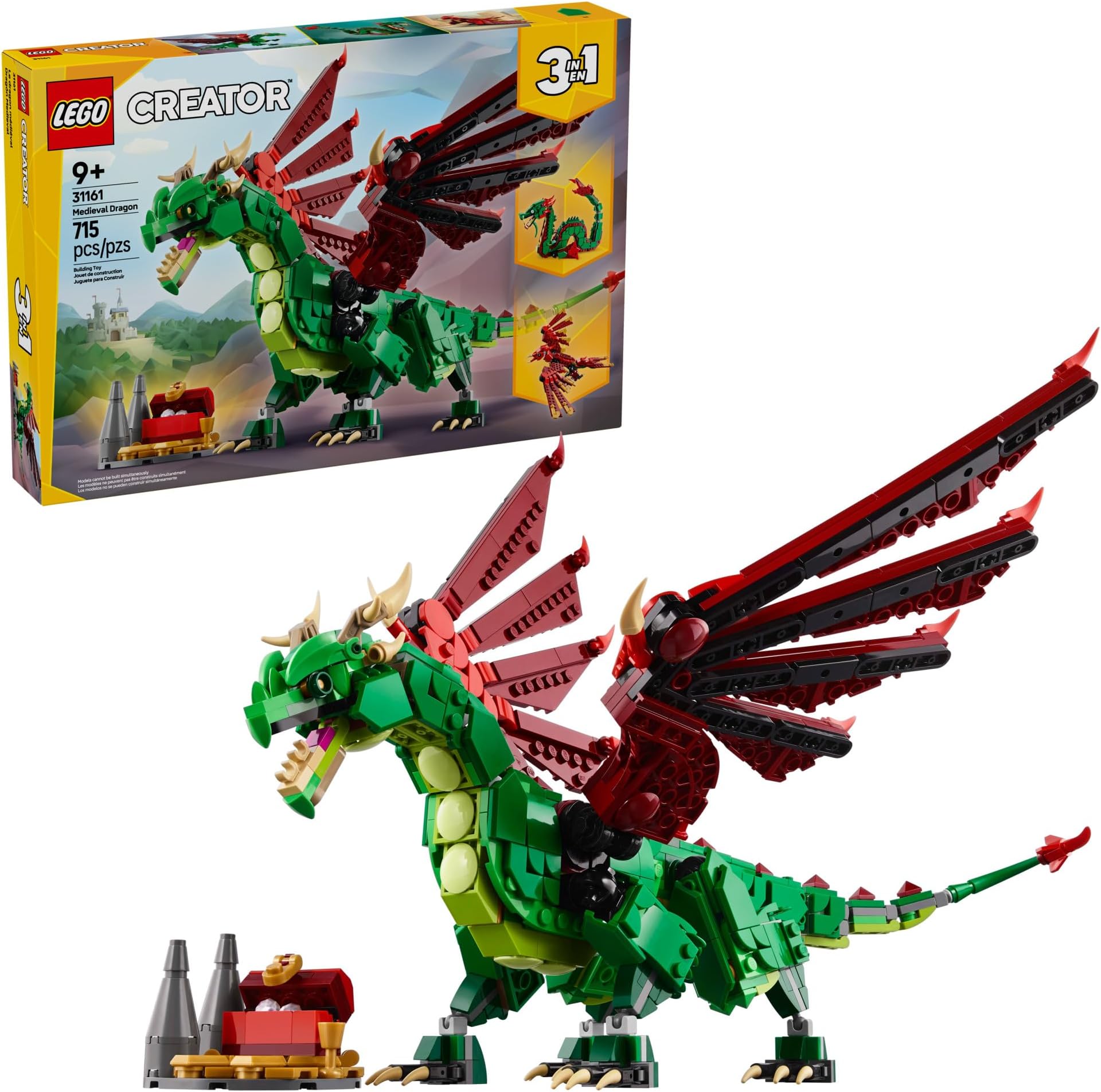 Creator 3 in 1 Medieval Dragon Toy - Building Toy with 3 Build Options, Dragon, Sea Serpent, or Phoenix - Fantasy Set for Kids, Boys and Girls, Ages 9+ - Gift Idea for Birthdays - 31161