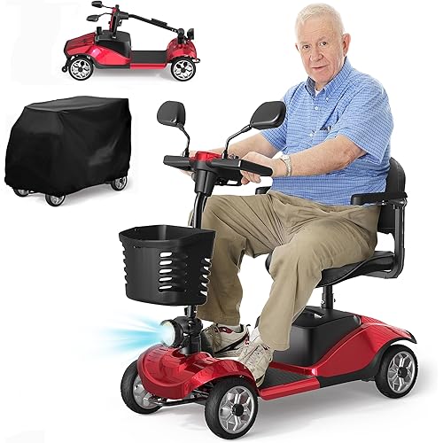 4-Wheel Mobility Scooter for Seniors, Foldable Electric Scooter, Lightweight Powered Electric Wheelchair, Compact Heavy Duty Scooter with Electromagnetic Brake, Rotating Seat, 350LBS Capacity-Red