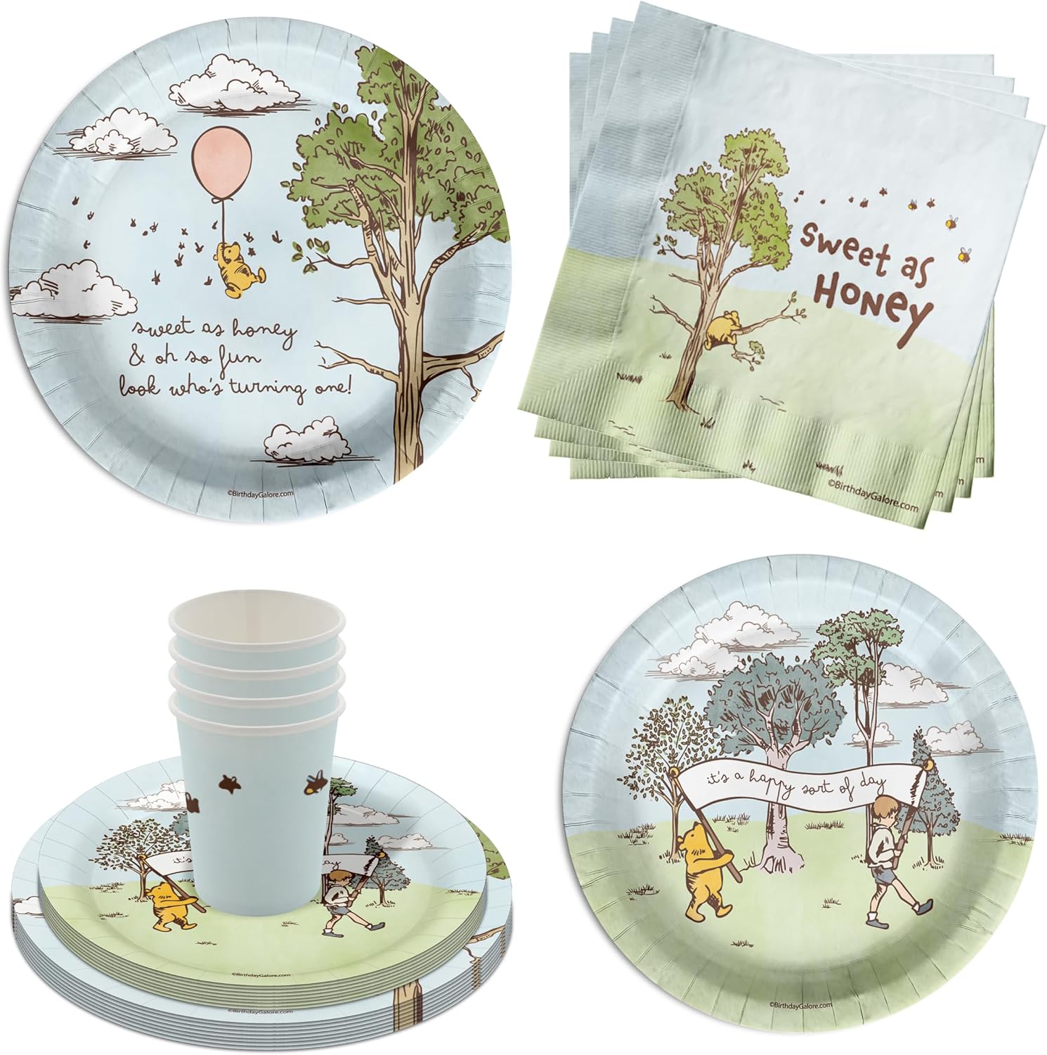 Winnie the Pooh Bear 1st Birthday Party Supplies - 64 Piece First Birthday Tableware Set Includes Large 9" Dinner Plates and 8" Dessert Paper Plates Napkins Cups - Kit for 16