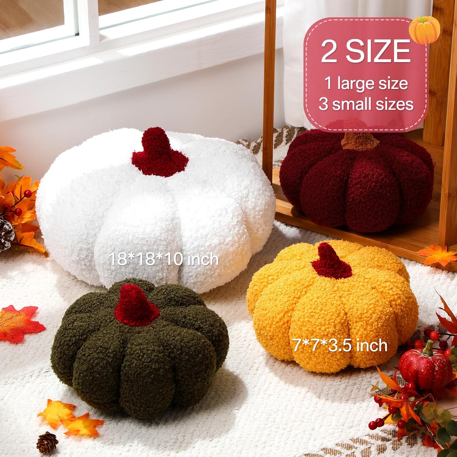 Kajaia 4 Pcs Fall Decor Thanksgiving Pumpkin Throw Pillow Fall Pillow 11 Inches 7 Inches 3D Cushion Thanksgiving Sherpa Plush Fluffy Stuffed for Autumn Christmas Home Sofa(White,Rust Red,Yellow,Green)
