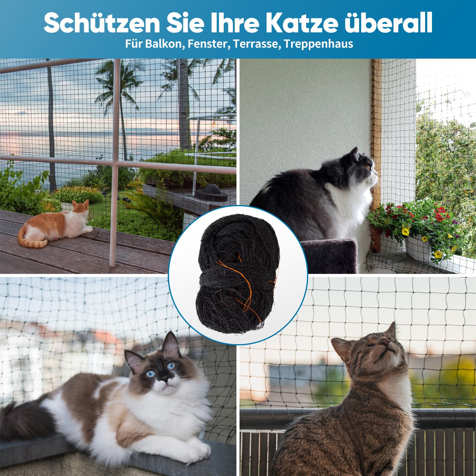 6x3m Katzennetz Drahtverstärkt für Balkon mit Montagezubehör Schwarz | Reißfest und Bissfest und alterungsbeständig durch Nylon(HDPE) und Stahldrahtmaterial, Für Balkonen Fenstern Türen Zäunen