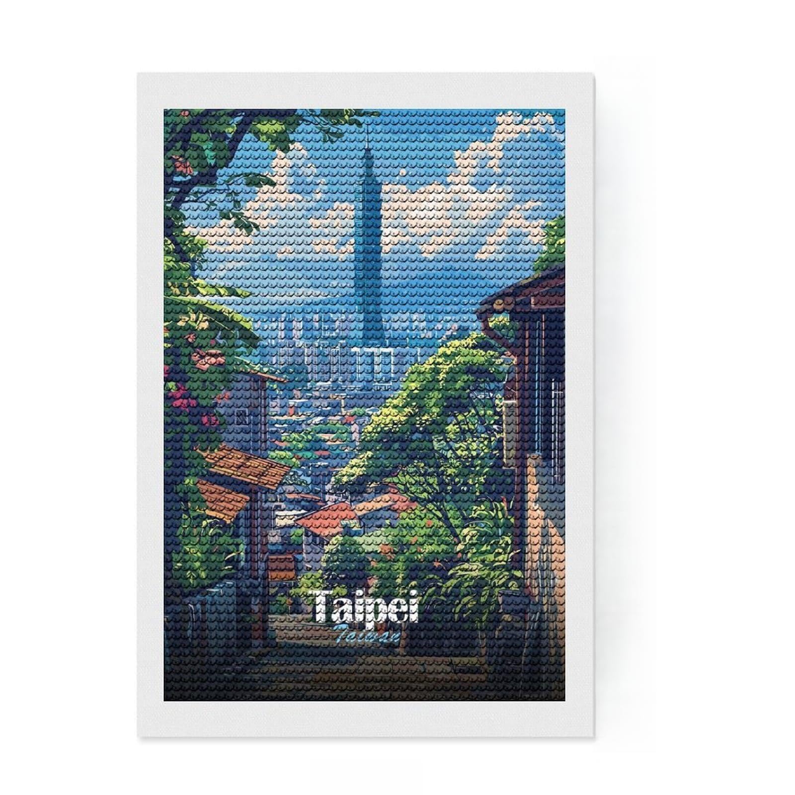 Junmoney Taipei Cityscape Diamond Art Canvas 8"x12", for Women, Simple to Start, Modern Decor, Gift Idea, Nice Detail and Sparkle