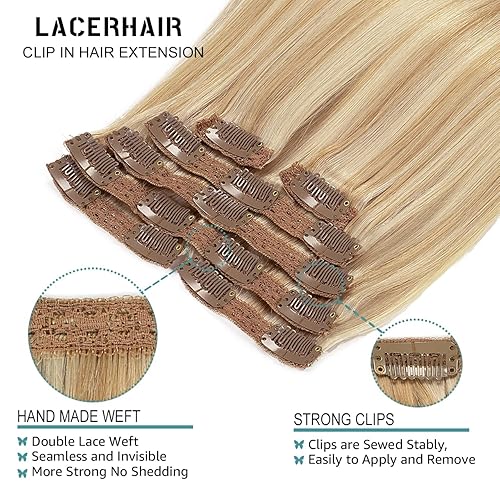 Miniatura 4 de Lacer Extensiones de cabello humano con broches, color marrón dorado claro, mezcla con rubio platino, encaje de doble trama, extensiones de cabello