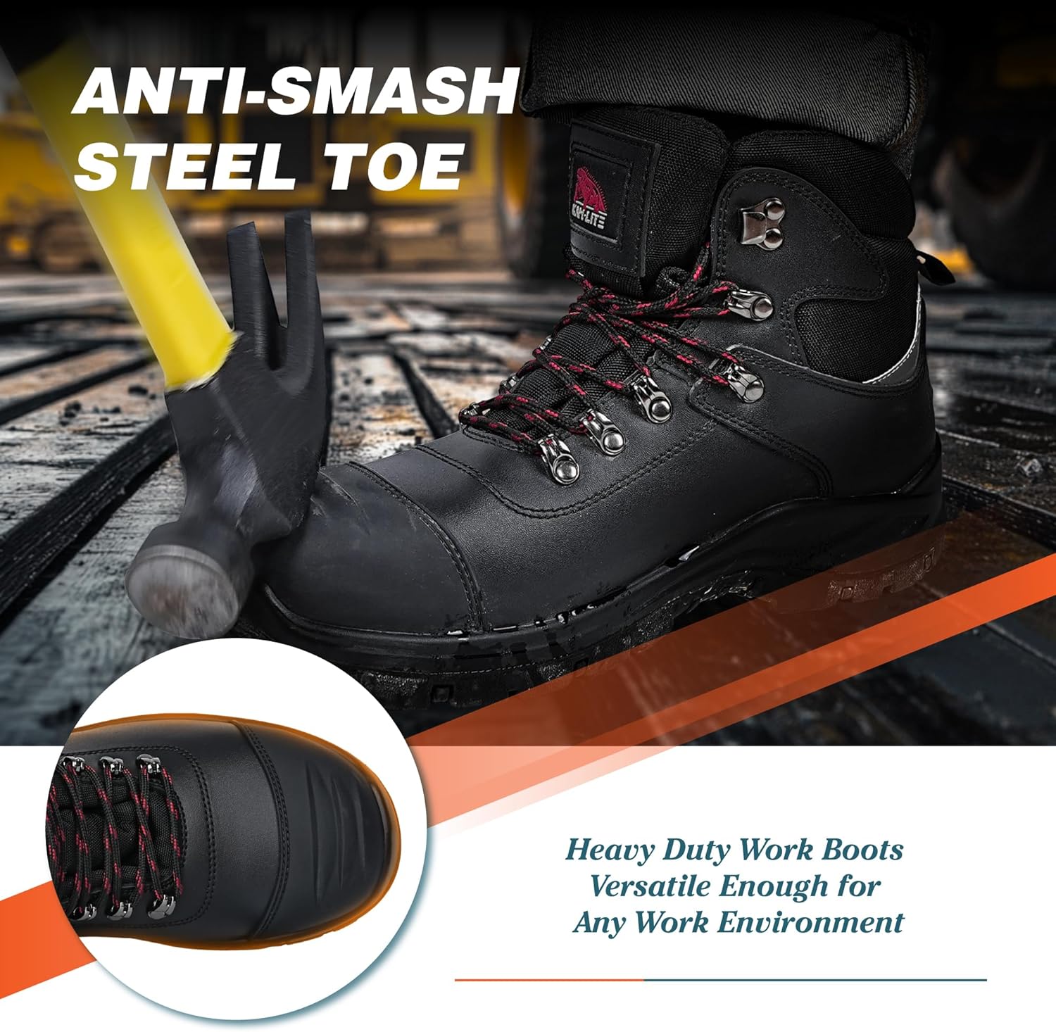 Mens Steel Toe Work Boots, Waterproof Puncture Resistant, Anti-Slip, Shock-Absorbing, Comfortable Heavy Duty Durable Leather Industrial Construction Safety Boots - Image 4