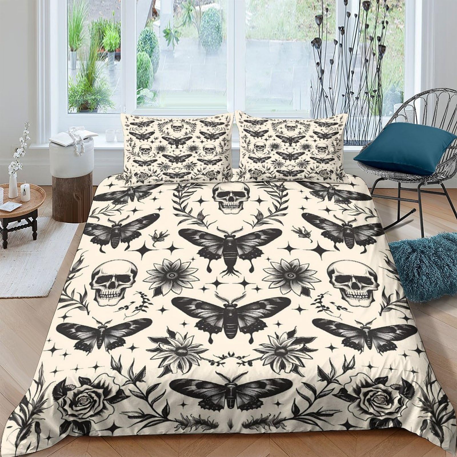 GPLZQXKJNH 3D Printed Gothic Skull Duvet Cover Set Microfiber Soft Breathable Moth Floral Bedding Set with 2 Pillowcases for Bedroom Decor Single（135x200cm）