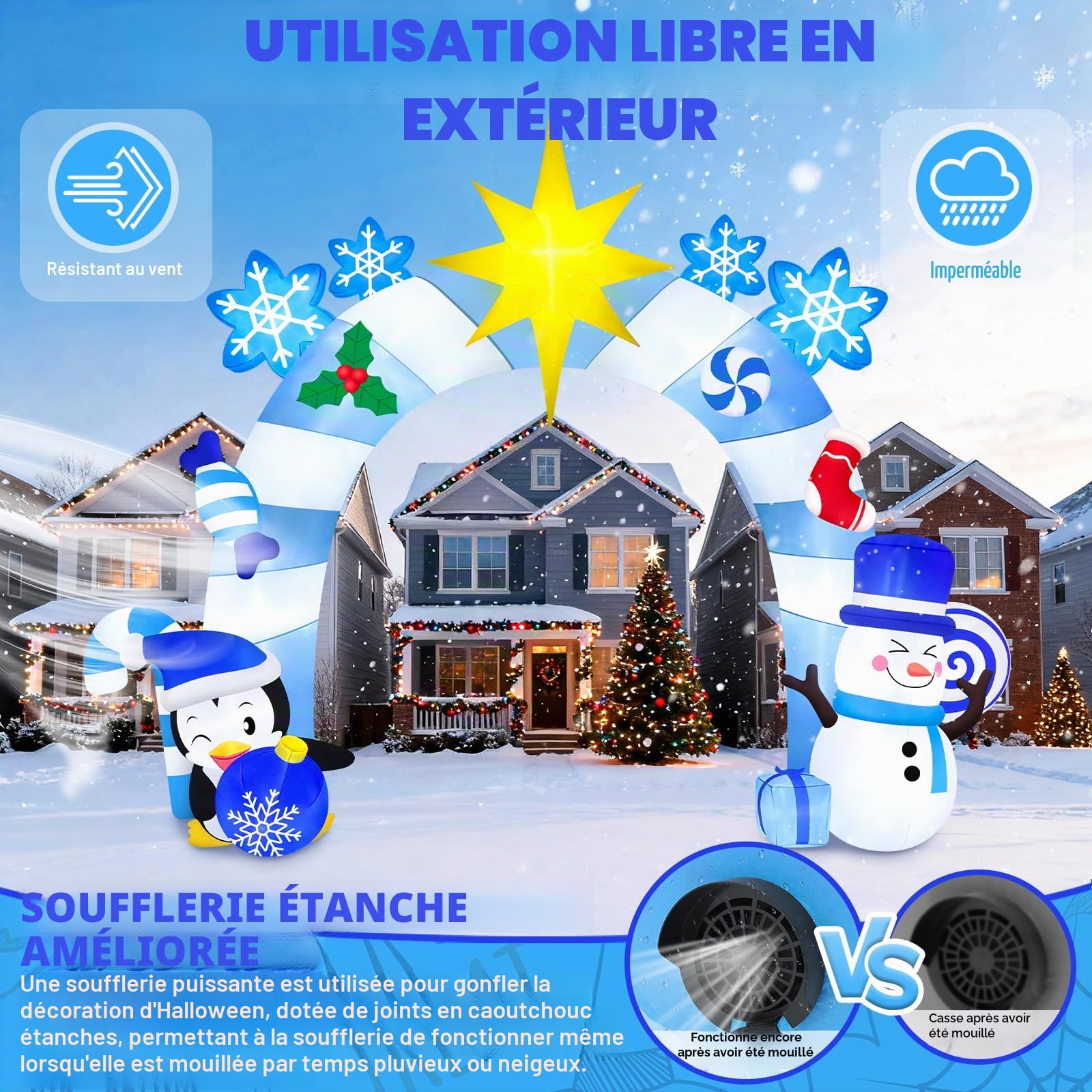 Kalolary 12 Pieds Gonflable de Noël Arcade Hiver Bleu Pingouins | Bonhommes Neige Arche Gonflable Noël Décoration extérieure pour Maison Fête Vacances Pelouse Jardin Centre Commercial Rue