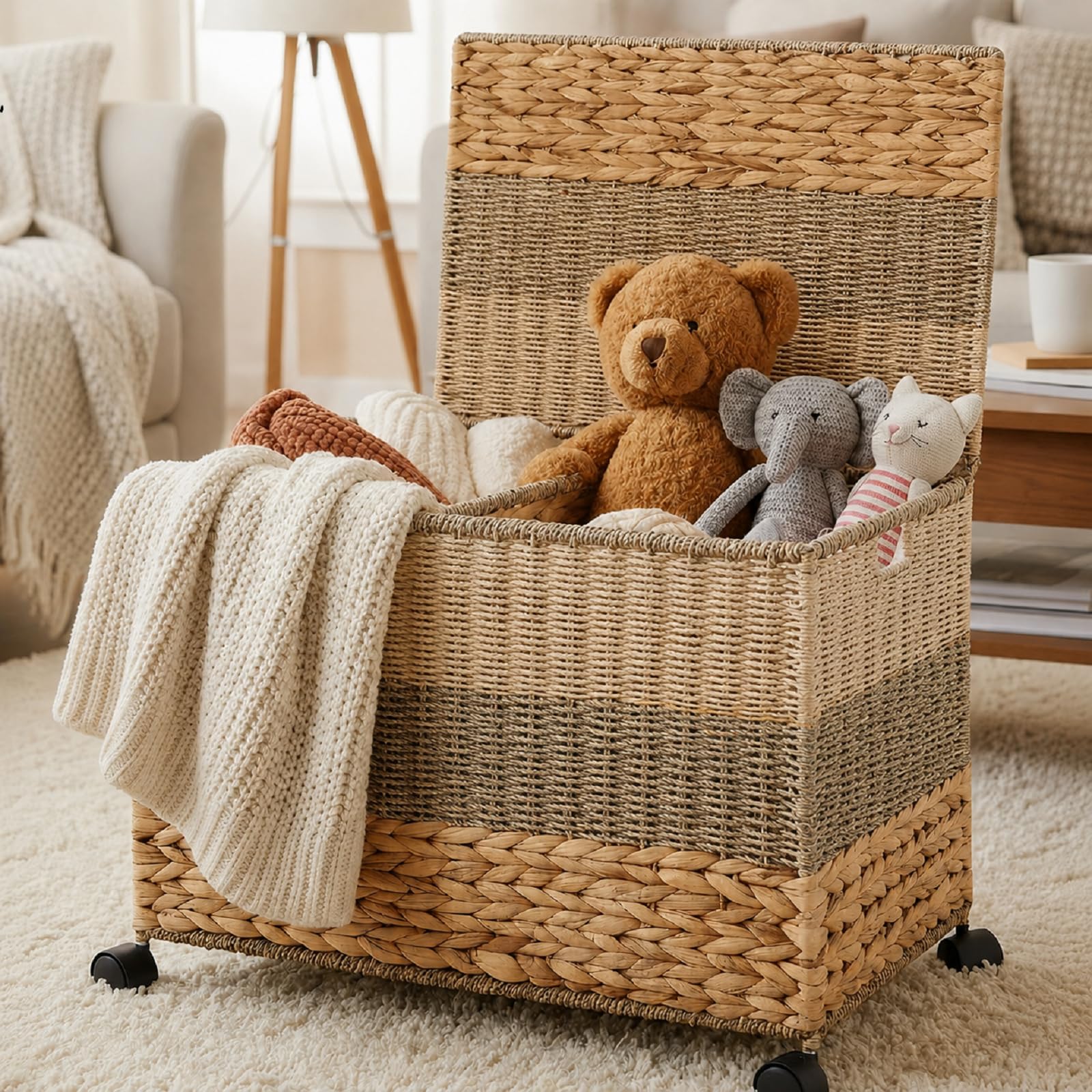 Rolling Wicker Storage Trunk 23×17.5×16 Inch Wicker Storage Basket Cart Organizer with Lid and Locking Wheels Chest Toy Box for Blanket Bedroom, Laundry Room Natural-image-35
