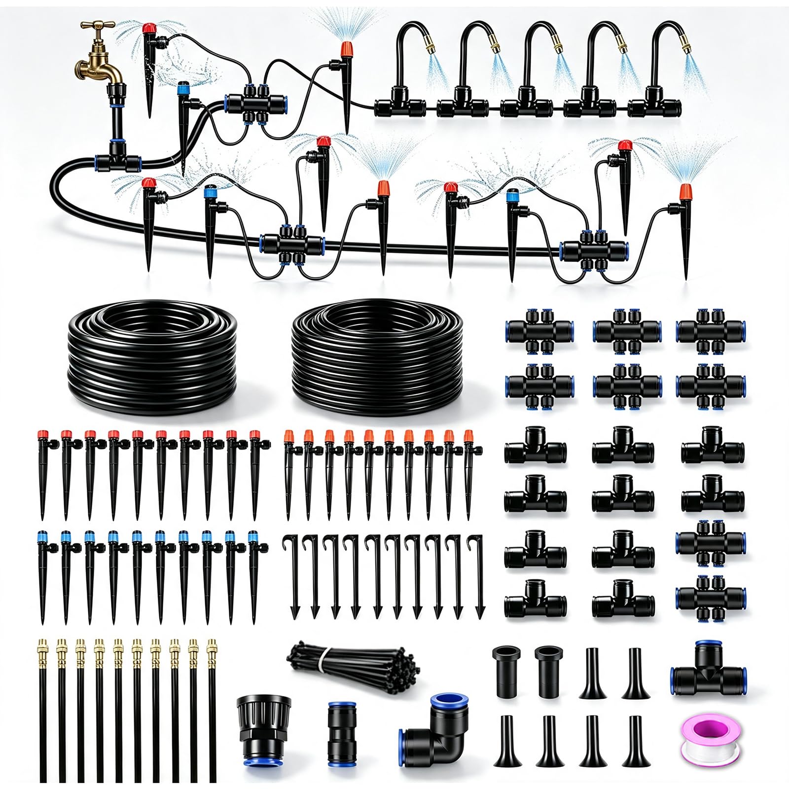 Sistema di irrigazione a goccia da 60 m, kit di irrigazione da giardino con tubo principale da 1,27 cm, tubo da 197 m, 40 emettitori regolabili, nebulizzatori e spruzzatori per serre per