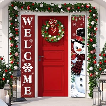 Tiamon 2 Pcs Christmas Door Banners for Front Porch Winter Snowman Welcome Banner Merry Christmas Door Covers Porch Sign for Xmas Holiday Wall Hanging Decoration Supplies Indoor Outdoor