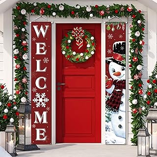 Tiamon 2 Pcs Christmas Porch Sign Banner Winter Welcome Front Porch Banner Merry Christmas Snowman Door Banner for Xmas Holiday Door Wall Hanging Decor Supplies Indoor Outdoor