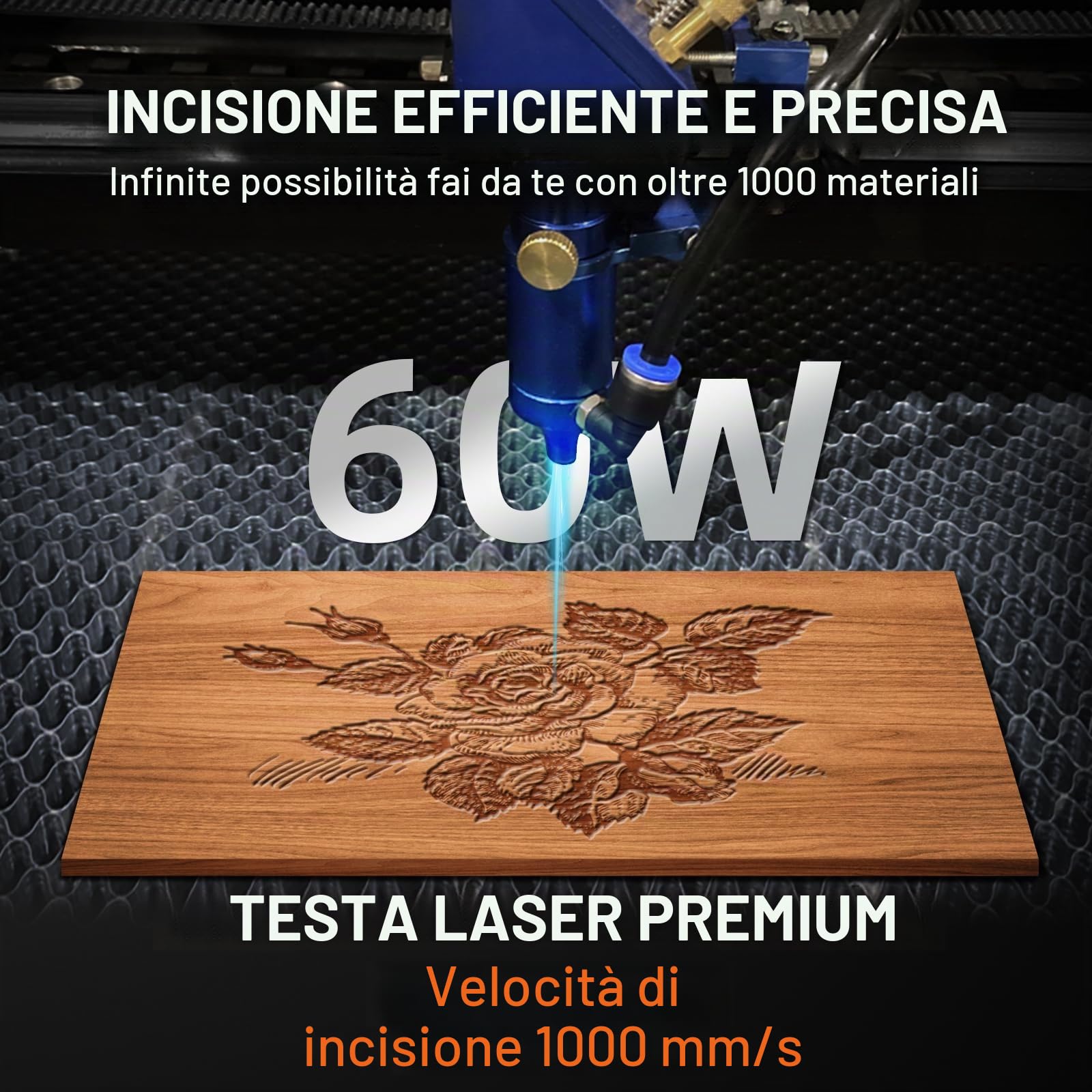 60W Macchina per Incisione Laser CO2 Compatta Piano di Lavoro 600x400mm Velocità di Incisione 1-600 mm/s,Velocità di Taglio 1-400 mm/s Macchina da Taglio per Incisione Tubo Inciso
