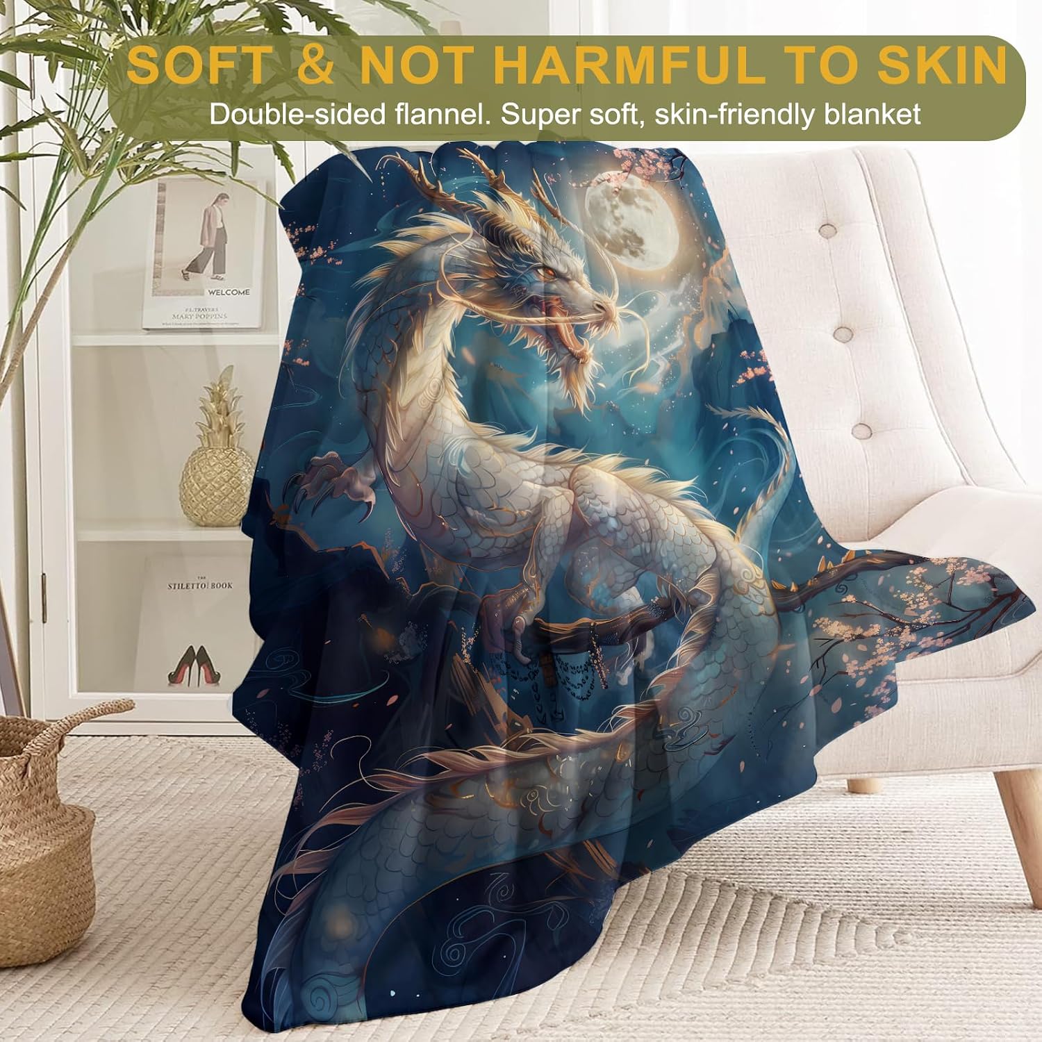 Dragon Flannel Blanket - Moonlit and Cherry Blossom Throw,Playful Gifts for Adult & Fantasy Lovers, Ultra Soft & Warm,Lightweight, for Couch Bedroom Living Room Modern Decor 50x60in
