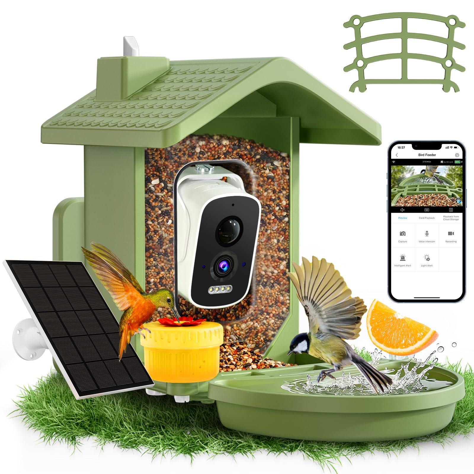 Smart Bird Feeder with Camera Solar Powered, AI Birds Species Identification, 2.5K HD Video Bird House with Camera for Outside, Weatherproof Design Ideal Gifts for Valentine's Day, Bird Lovers, Green