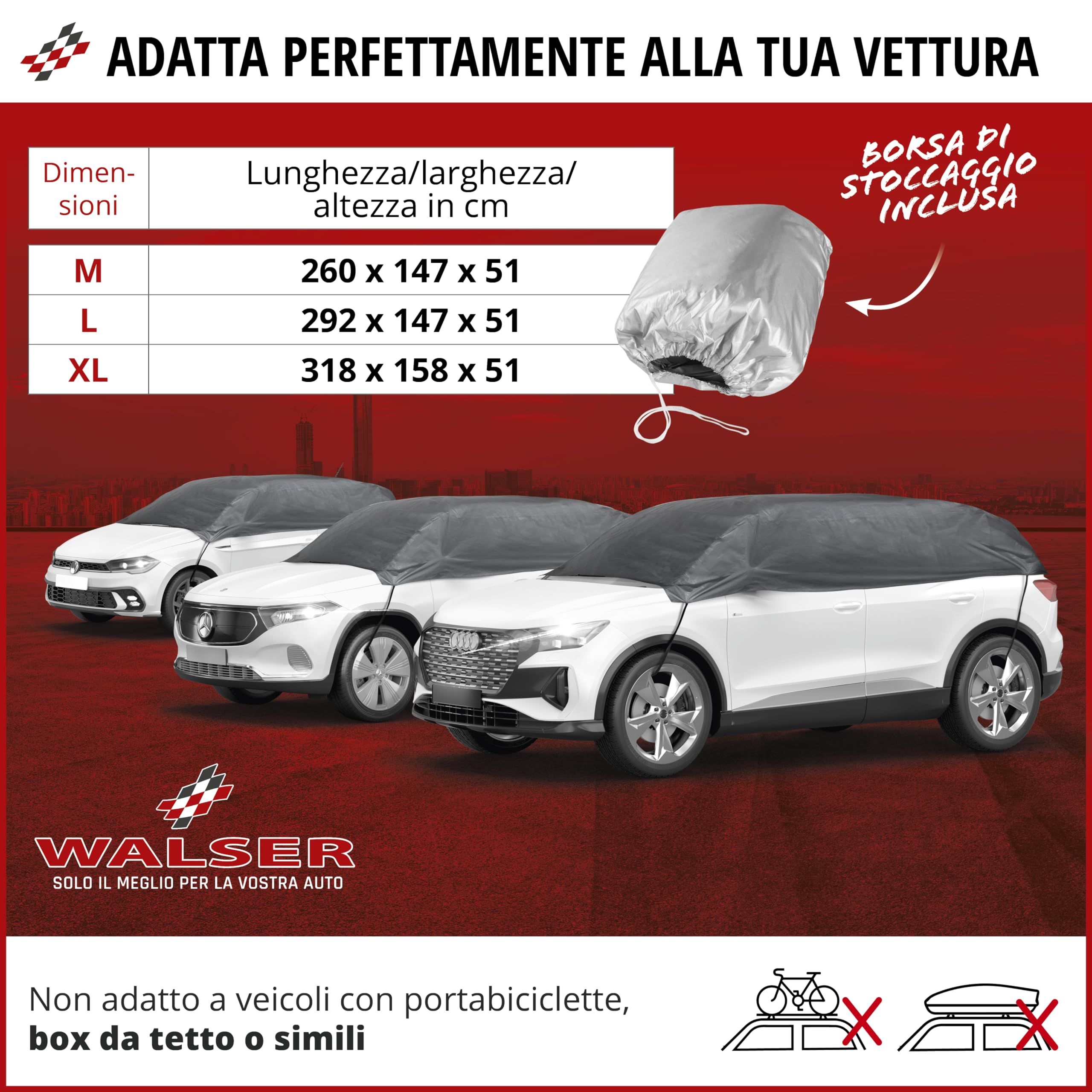 WALSER Telone per auto All Weather, 100% telone per auto resistente alle intemperie, Copertura veicolo mezzo garage Misura 2 Veicolo grigio
