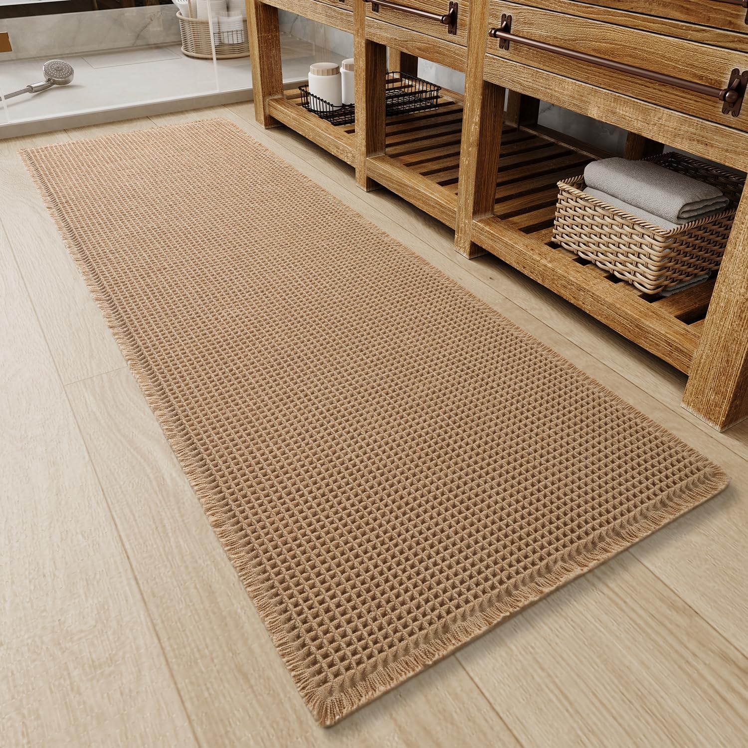 Upgraded Waffle Bath Mat Non Slip Super Absorbent Quick Dry Bath Mats for Bathroom Floor Machine Washable Bathroom Mat Ultra Soft Boho Bathroom Rugs with Tassels Beside Tub, 17" x 24", Brown — view 8