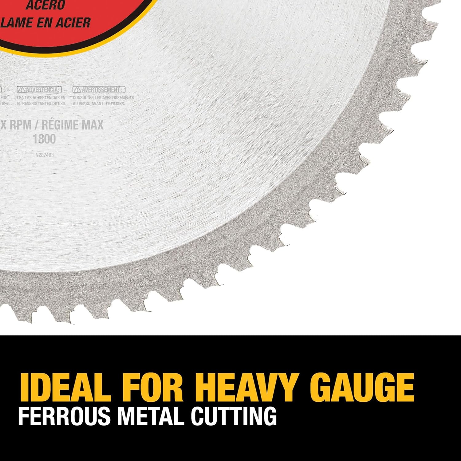 Close-up of the teeth on a DEWALT metal cutting saw blade, indicating its suitability for heavy gauge ferrous metal cutting.