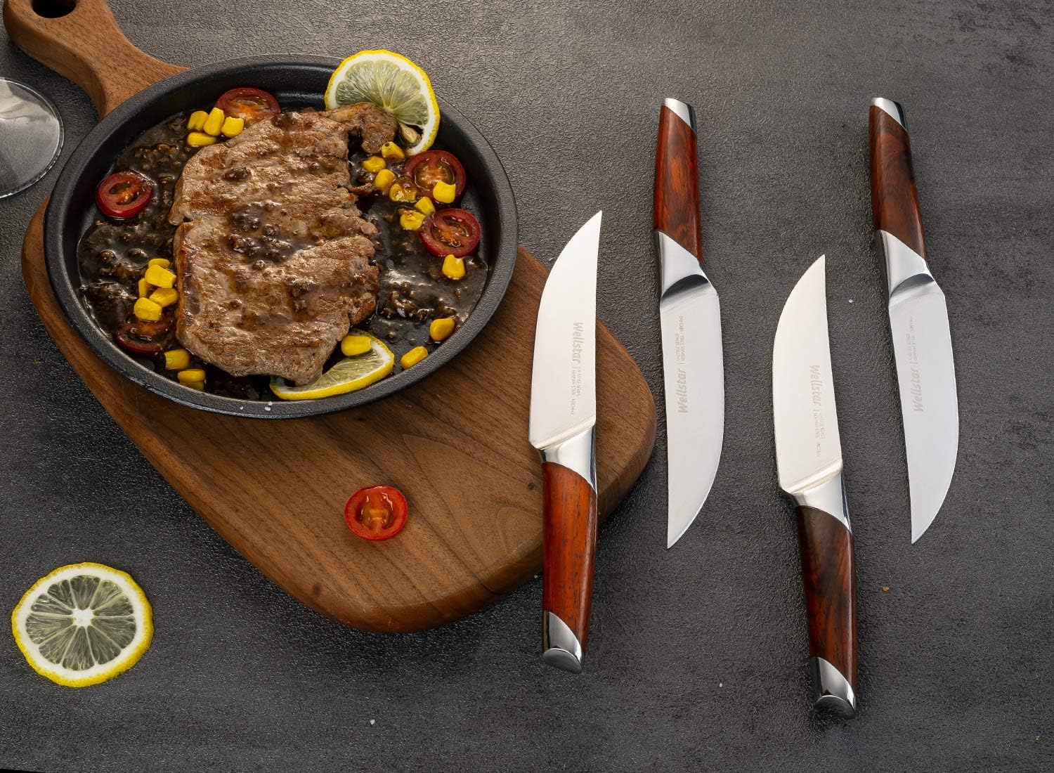 WELLSTAR Steak Knives Set of 4, Non-serrated 5 Inch Kitchen Table Knife with Razor Sharp High Carbon German Stainless Steel Forged Blade and Natural Rosewood Handle in Gift Box, V-Style Series