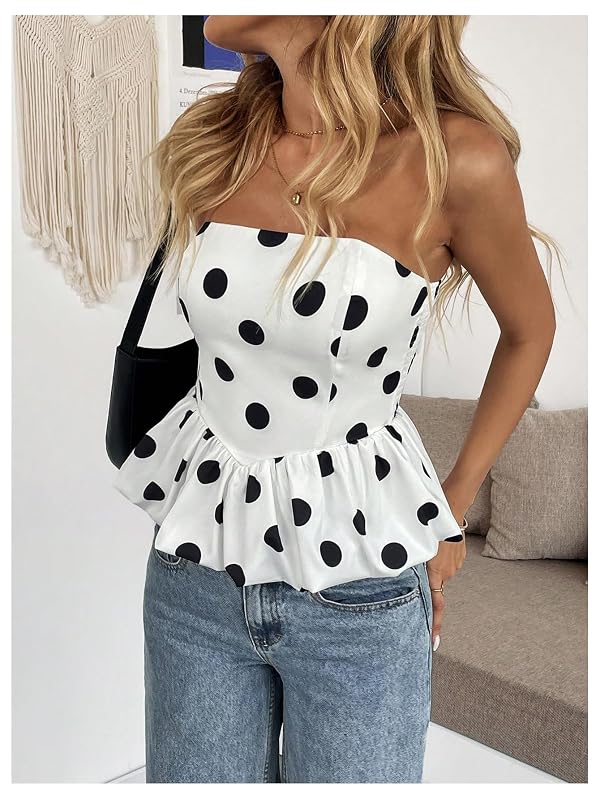 Milumia Women's Polka Dots Peplum Tube Top Strapless Puffy Bubble Flared Hem Tops Black and White Small by Milumia - Used condition - Image 5