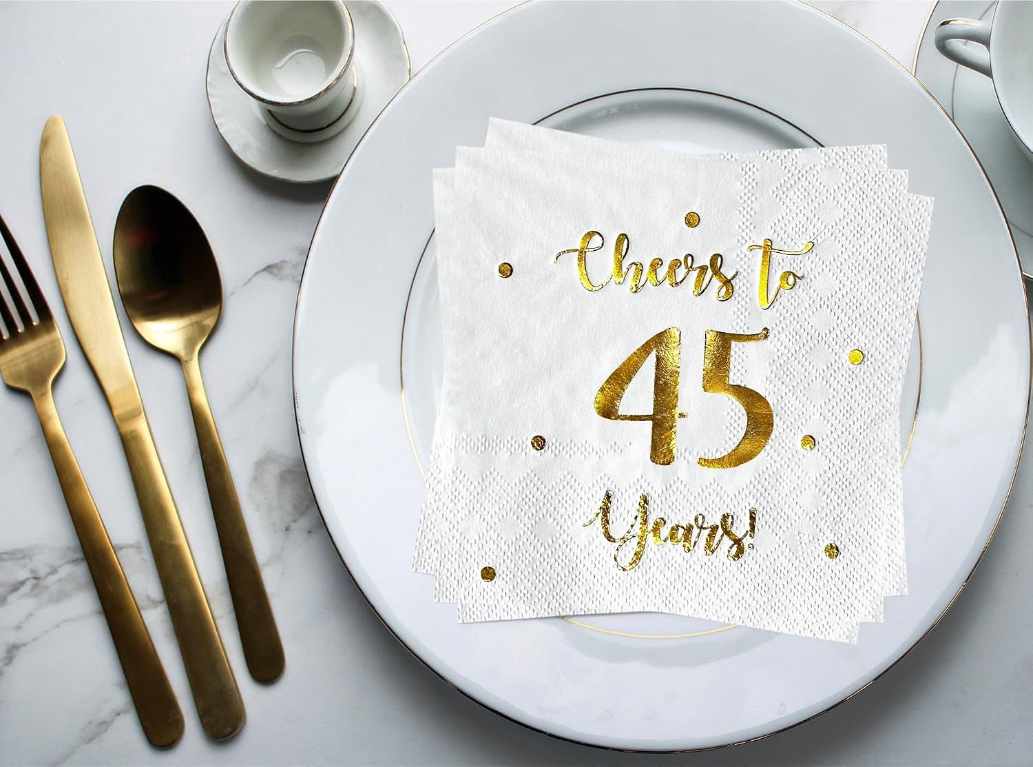 Cheers to 45 Years Cocktail Napkins | Happy 45th Birthday Decorations for Men and Women and Wedding Anniversary Party Decorations | 50-Pack 3-Ply Napkins | 5 x 5 inch folded (White)
