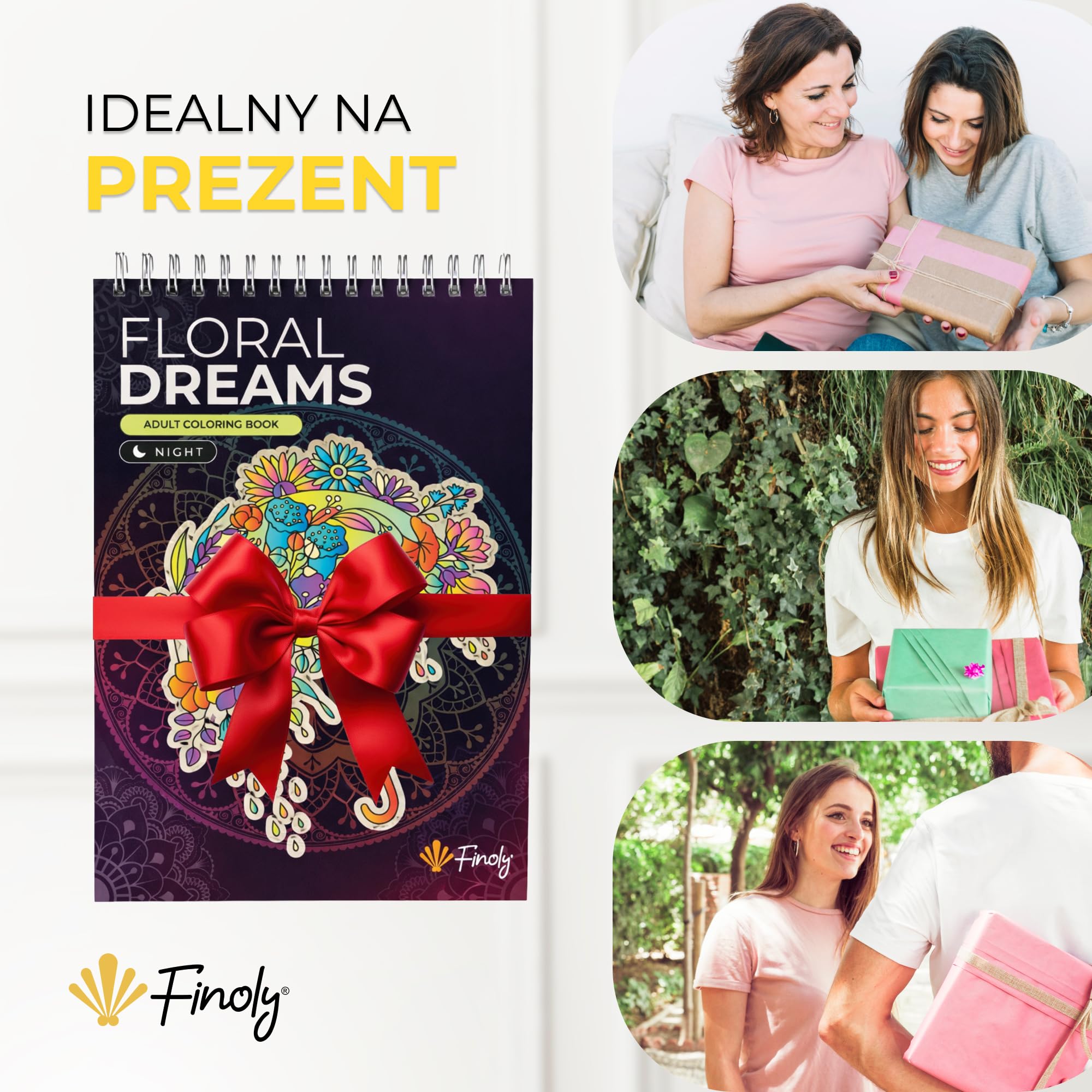 Finoly Kolorowanka dla Dorosłych Kwiaty A4 Redukcja Stresu | Kolorowanki dla Dorosłych Początkujących i Zaawansowanych | Zeszyt do Kolorowania Mindfulness Antystresowy, Gruby Papier (Noc)