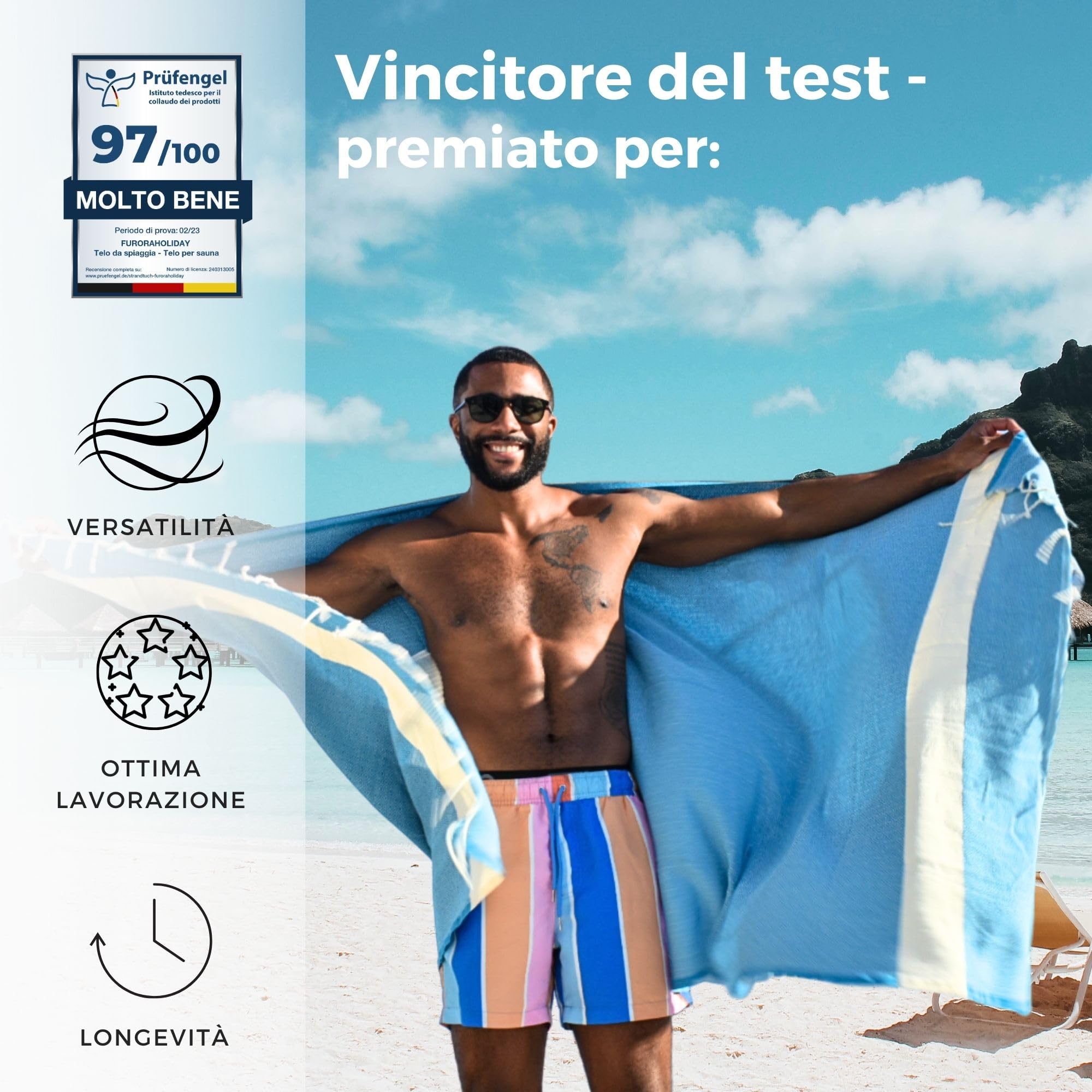 furora HOLIDAY Telo Mare Grande, cotone 100x200 cm | Telo Spiaggia antisabbia | Asciugamano Mare Fouta, frange e angoli - Pareo Donna Uomo Ragazzi | Pic Nic Beach Towel Coperta, lungo leggero