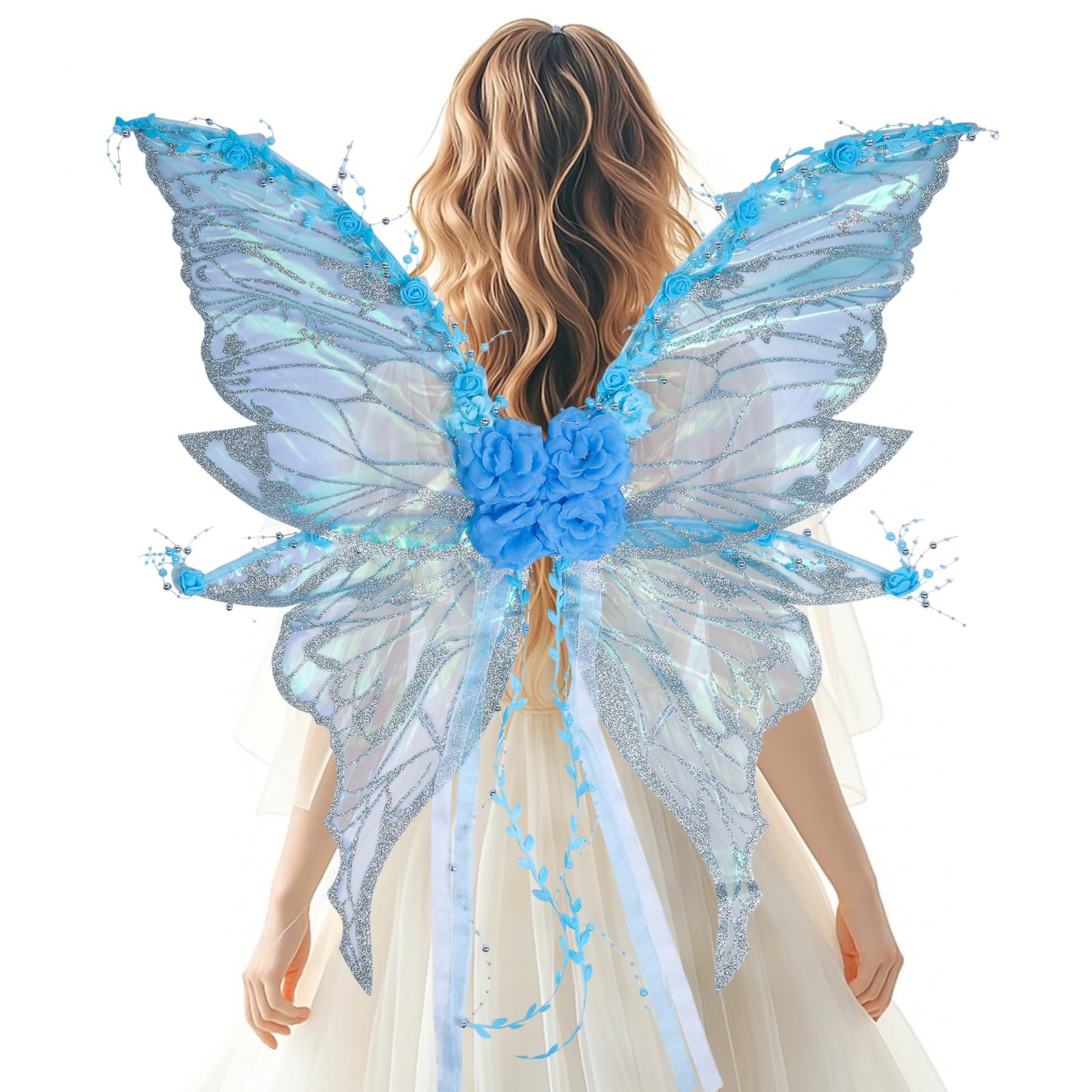 PartyforU Fairy Wings Adult Costume Greek Goddess Flower Wreath Hair Elf Ears Elf Fairies Women Blue Butterfly Wings for Fantasy Christmas Fancy Dress Costumes Carnival