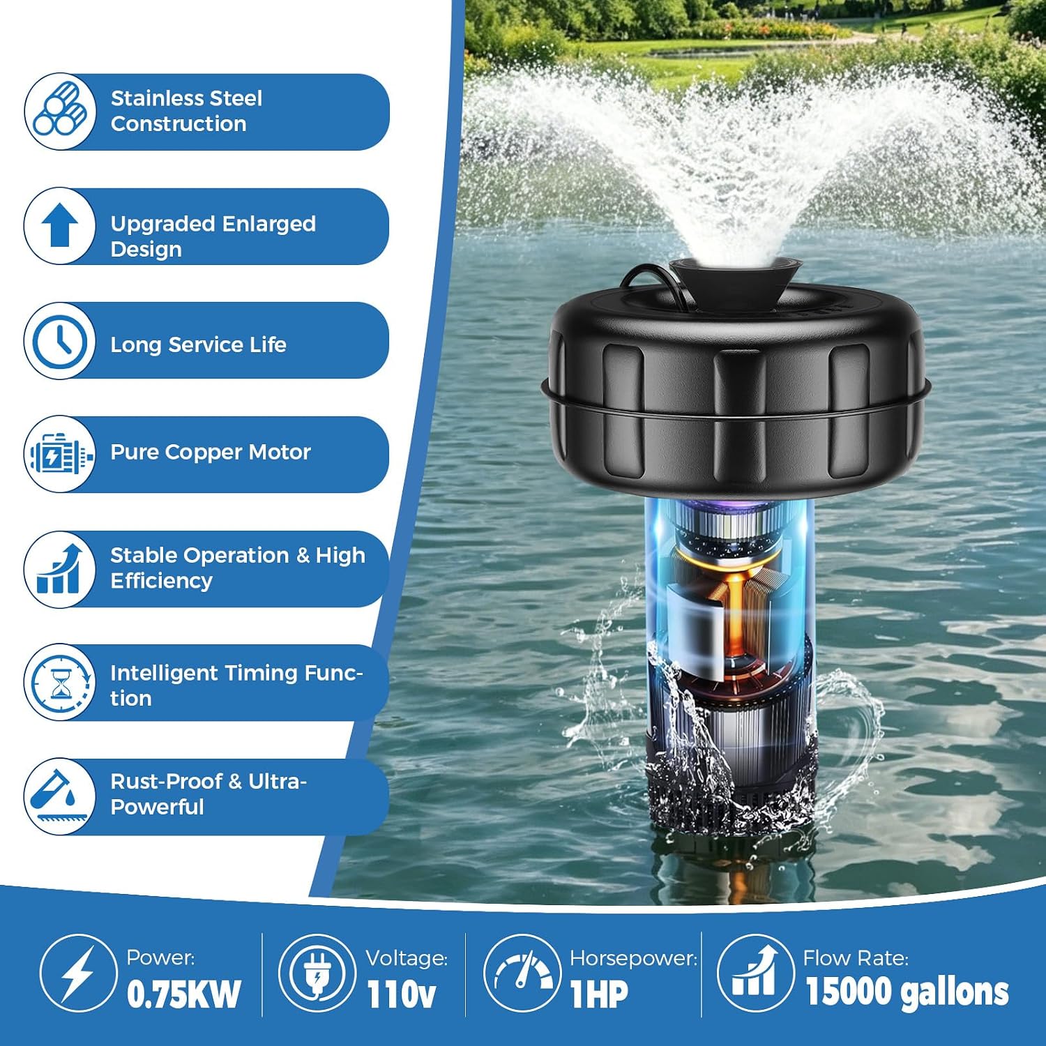 Pond Fountain Aerator, 1HP 110V 15000 GPH Stainless Steel Pond Pumps with Timer Switch, Fountains with 2x100 FT Traction Rope&100FT Power Cord, Floating Aerator Pump for Lake Pool