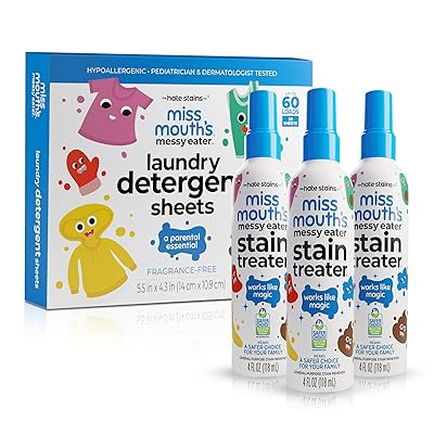 Miss Mouth’s Messy Eater Stain Treater Stain & Suds Duo Pack - 3 Pack Spray and 30 Pack Detergent Sheet bundle - Newborn & Baby Essentials - Food, Grease, Coffee Off Laundry, Underwear, Fabric