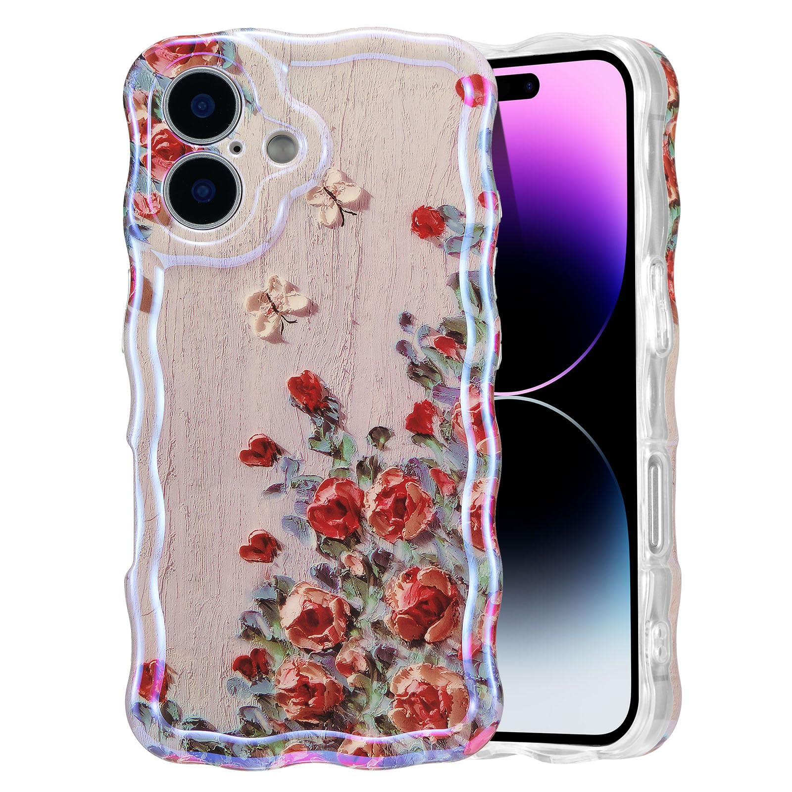 EYZUTAK Case for iPhone 15, Colorful Retro Oil Painting Flower Laser Beam Glossy Pattern Cute Curly Waves Border Exquisite Phone Cover Stylish Durable Soft TPU Protective Case for Girls Women - Green — view 47