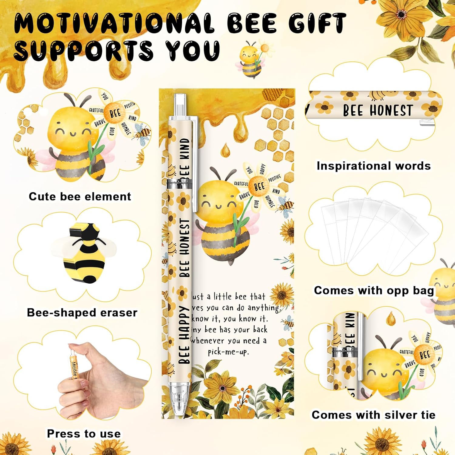 AmazingSpark 60 Sets Inspirational Bee Pencils Appreciation Gifts Bulk 6 Styles 0.7 mm Mechanical Pencils with Erasers Positive Cards Graduation End of Year Gifts for Teacher Nurse Student Staff